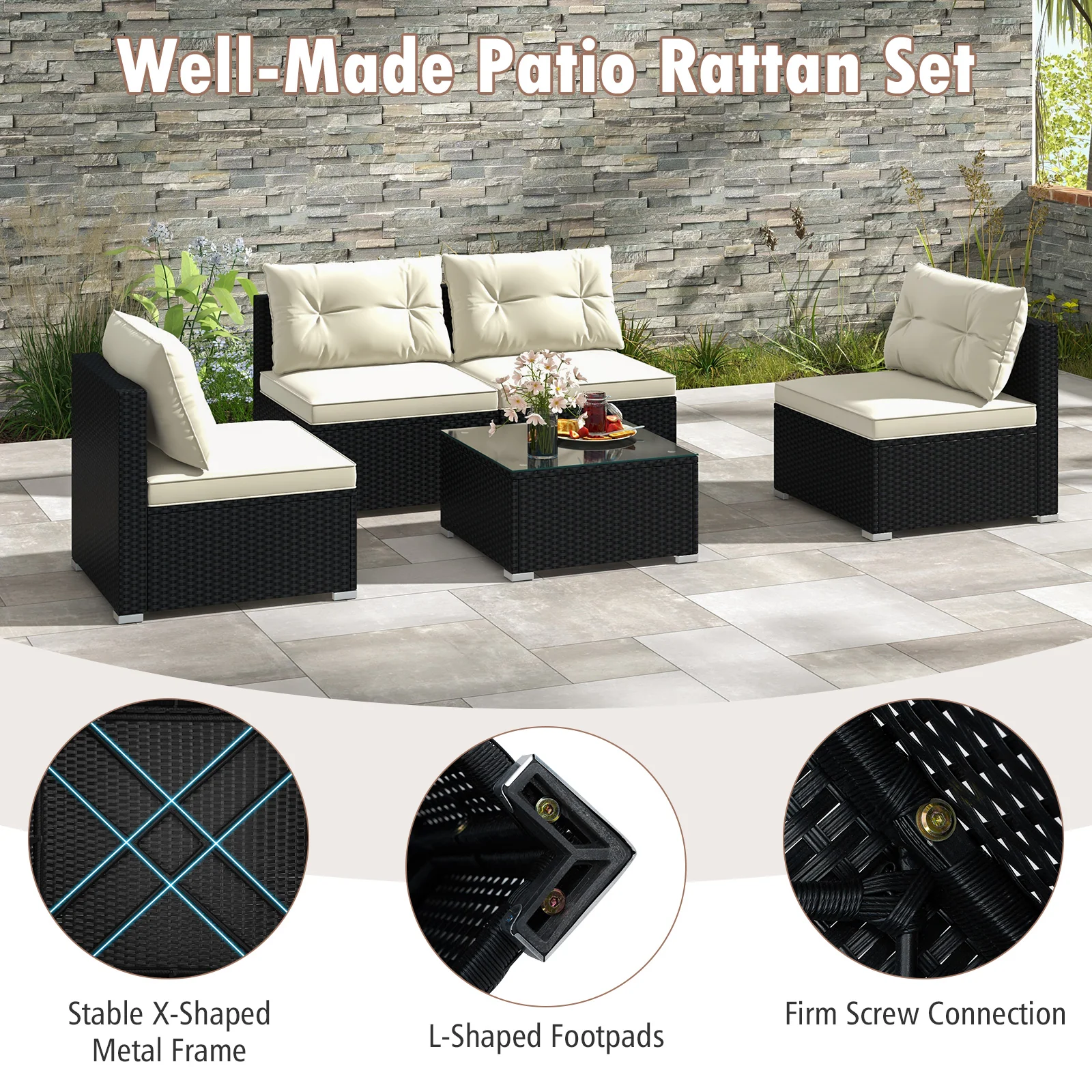 Outdoor Patio Furniture Set, 5 Pieces, Cushions, Coffee Table, Off White - Image 10