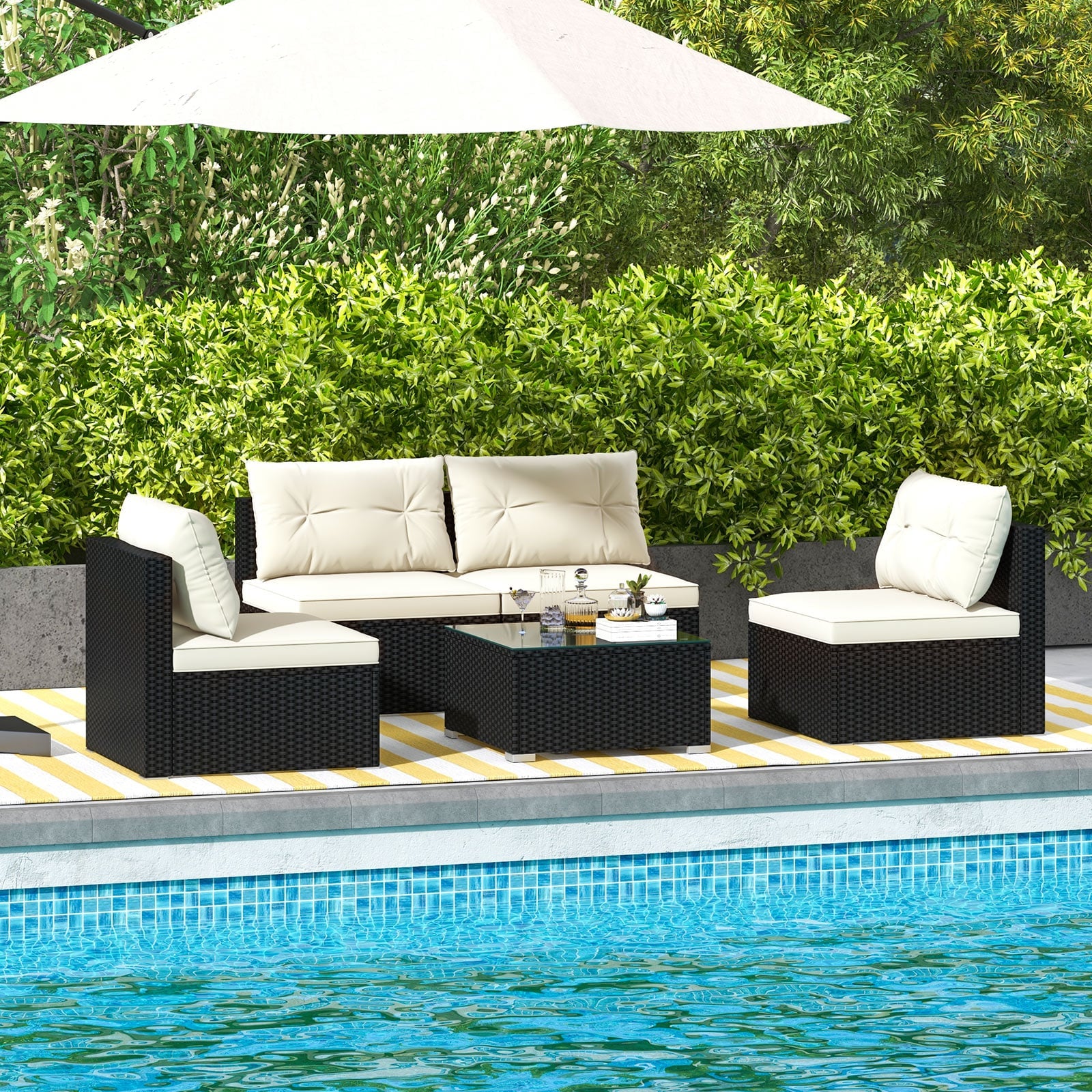 Outdoor Patio Furniture Set, 5 Pieces, Cushions, Coffee Table, Off White - Image 2