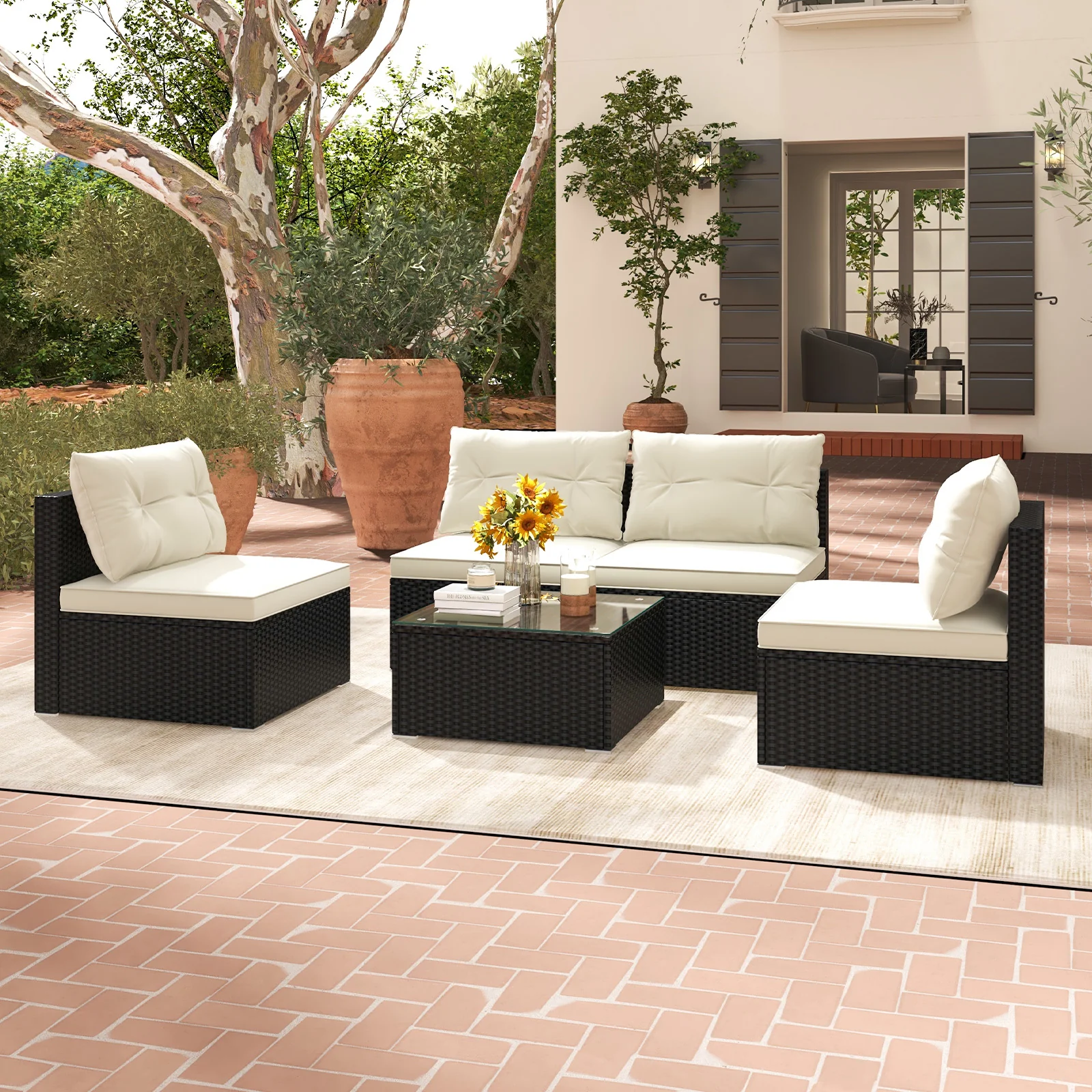 Outdoor Patio Furniture Set, 5 Pieces, Cushions, Coffee Table, Off White - Image 3
