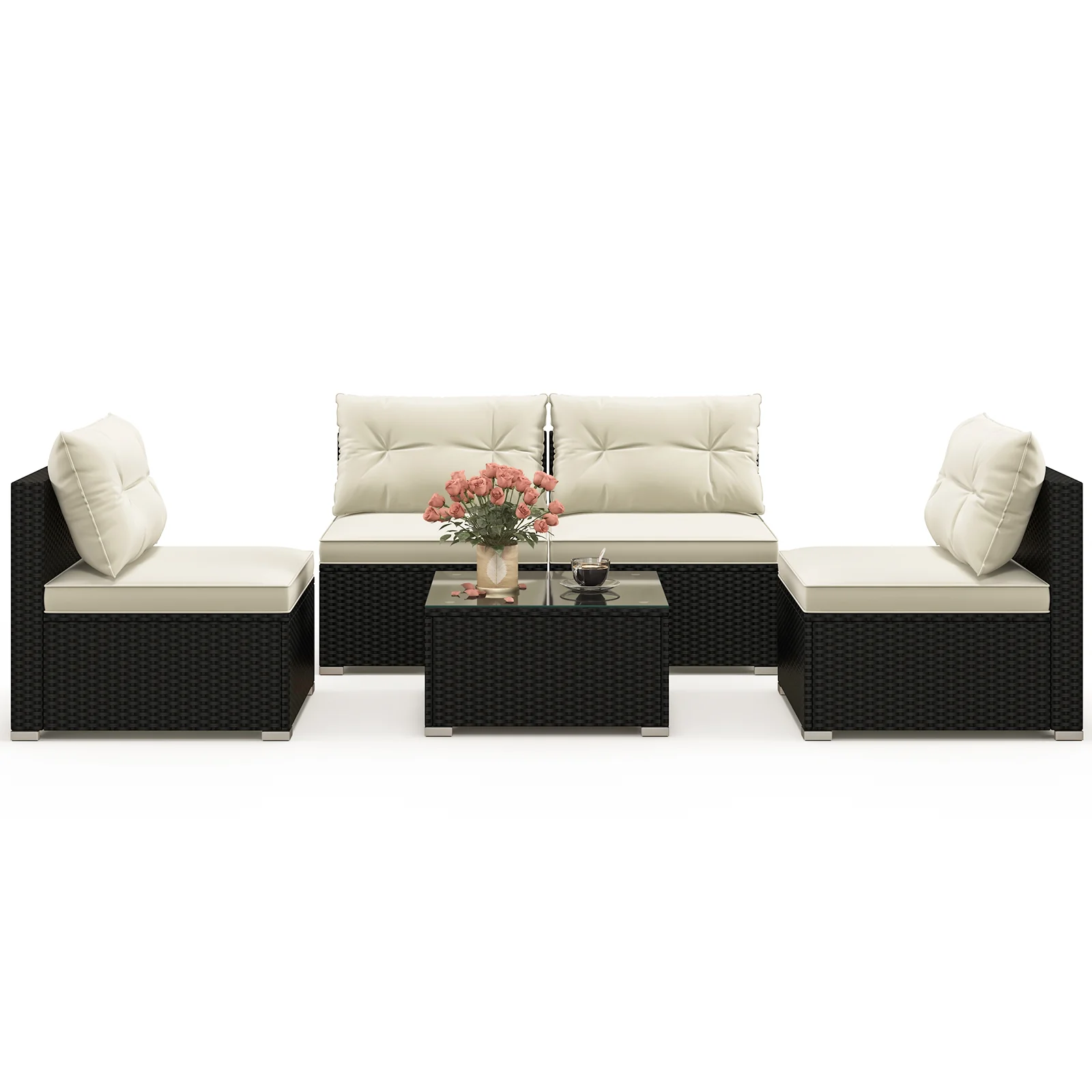 Outdoor Patio Furniture Set, 5 Pieces, Cushions, Coffee Table, Off White - Image 5