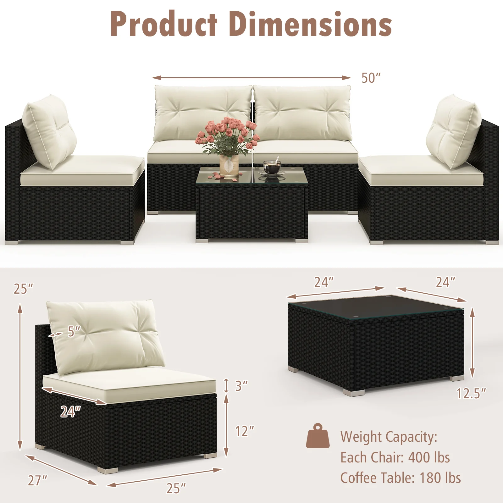 Outdoor Patio Furniture Set, 5 Pieces, Cushions, Coffee Table, Off White - Image 6