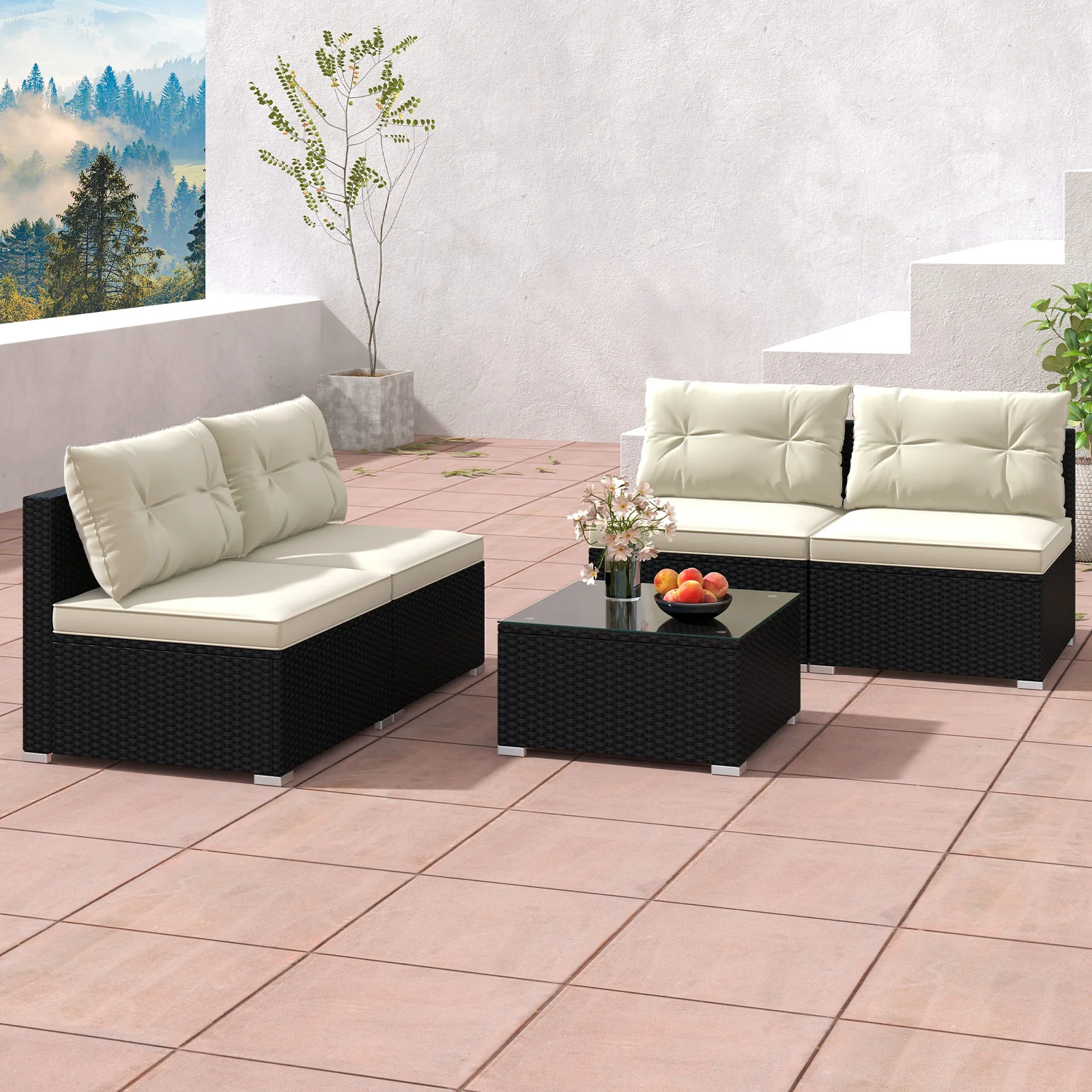 Outdoor Patio Furniture Set, 5 Pieces, Cushions, Coffee Table, Off White - Image 7