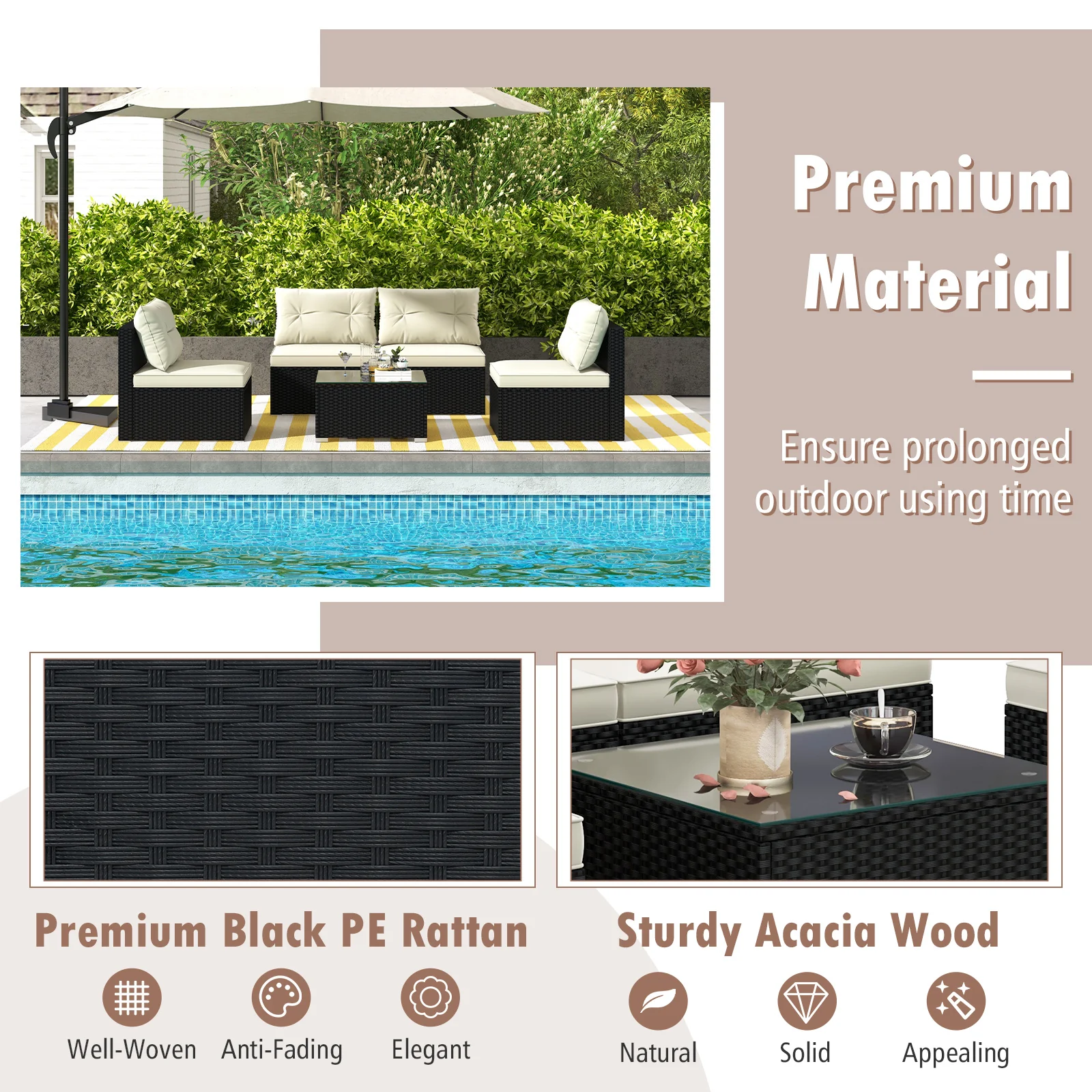 Outdoor Patio Furniture Set, 5 Pieces, Cushions, Coffee Table, Off White - Image 8