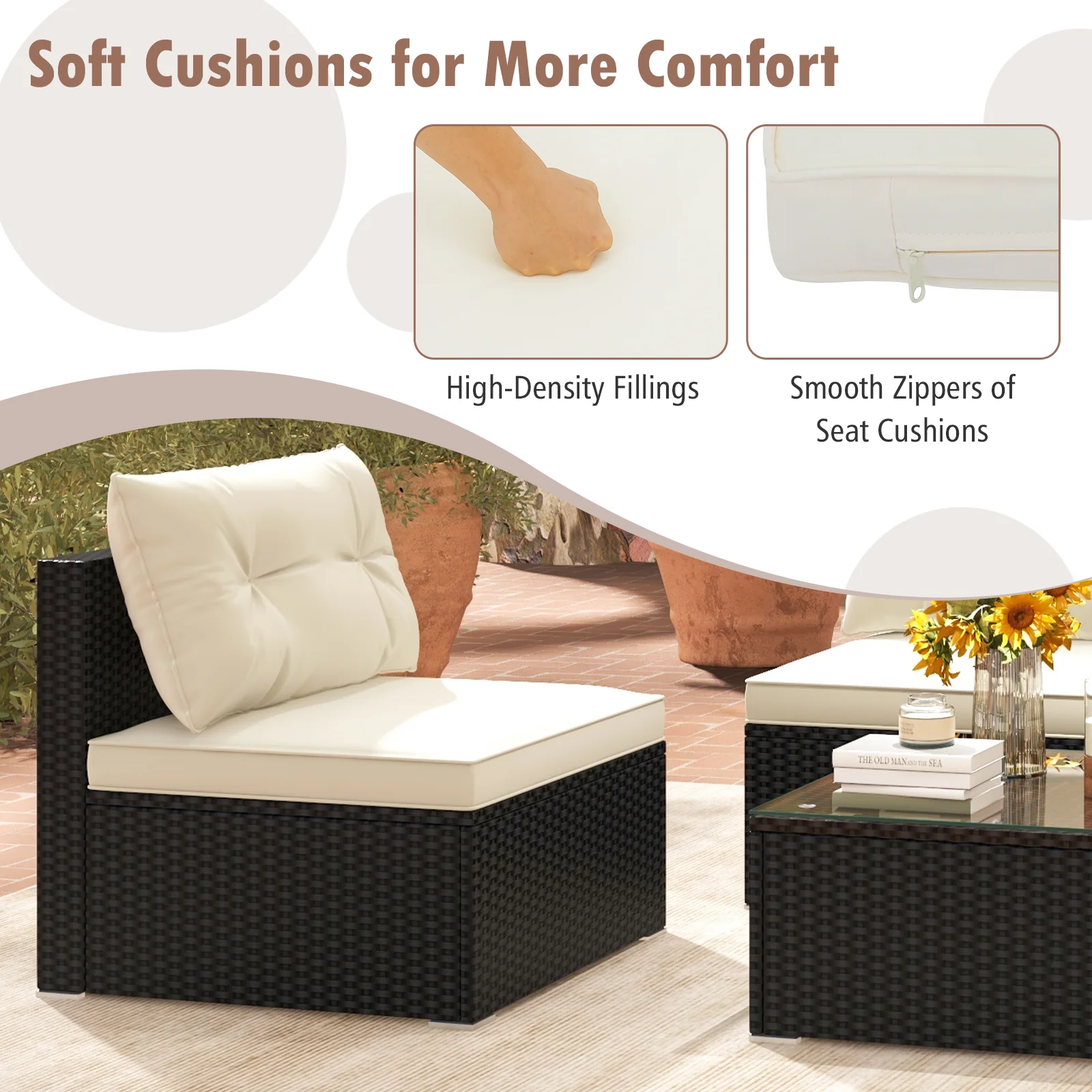 Outdoor Patio Furniture Set, 5 Pieces, Cushions, Coffee Table, Off White - Image 9