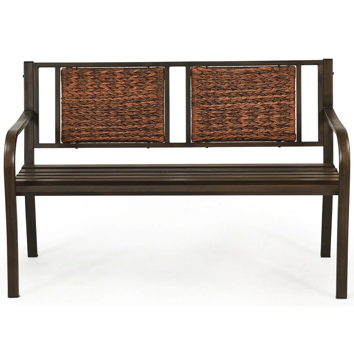 Outdoor Patio Garden Bench, Steel Frame Rattan, Bronze - Image 10
