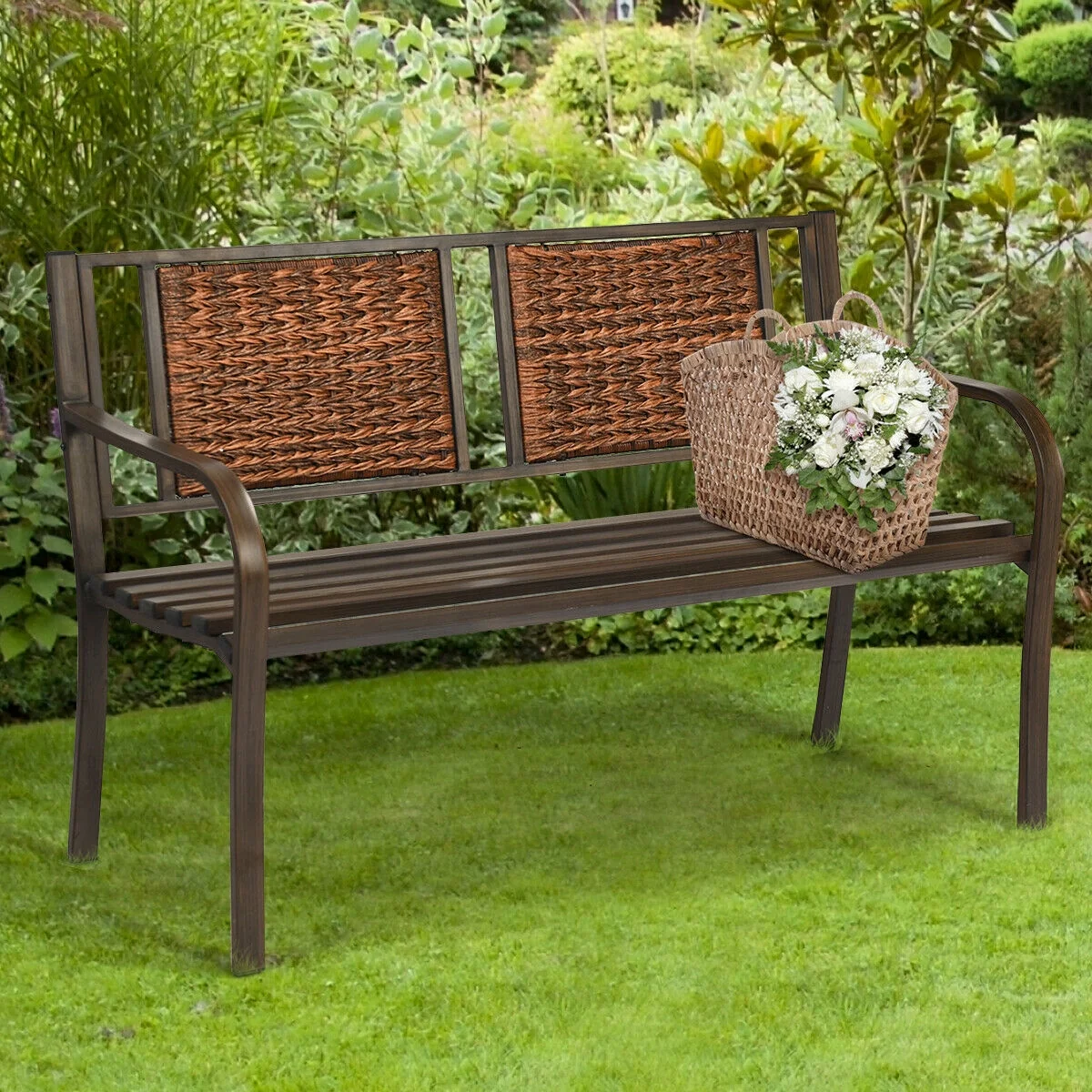 Outdoor Patio Garden Bench, Steel Frame Rattan, Bronze - Image 2