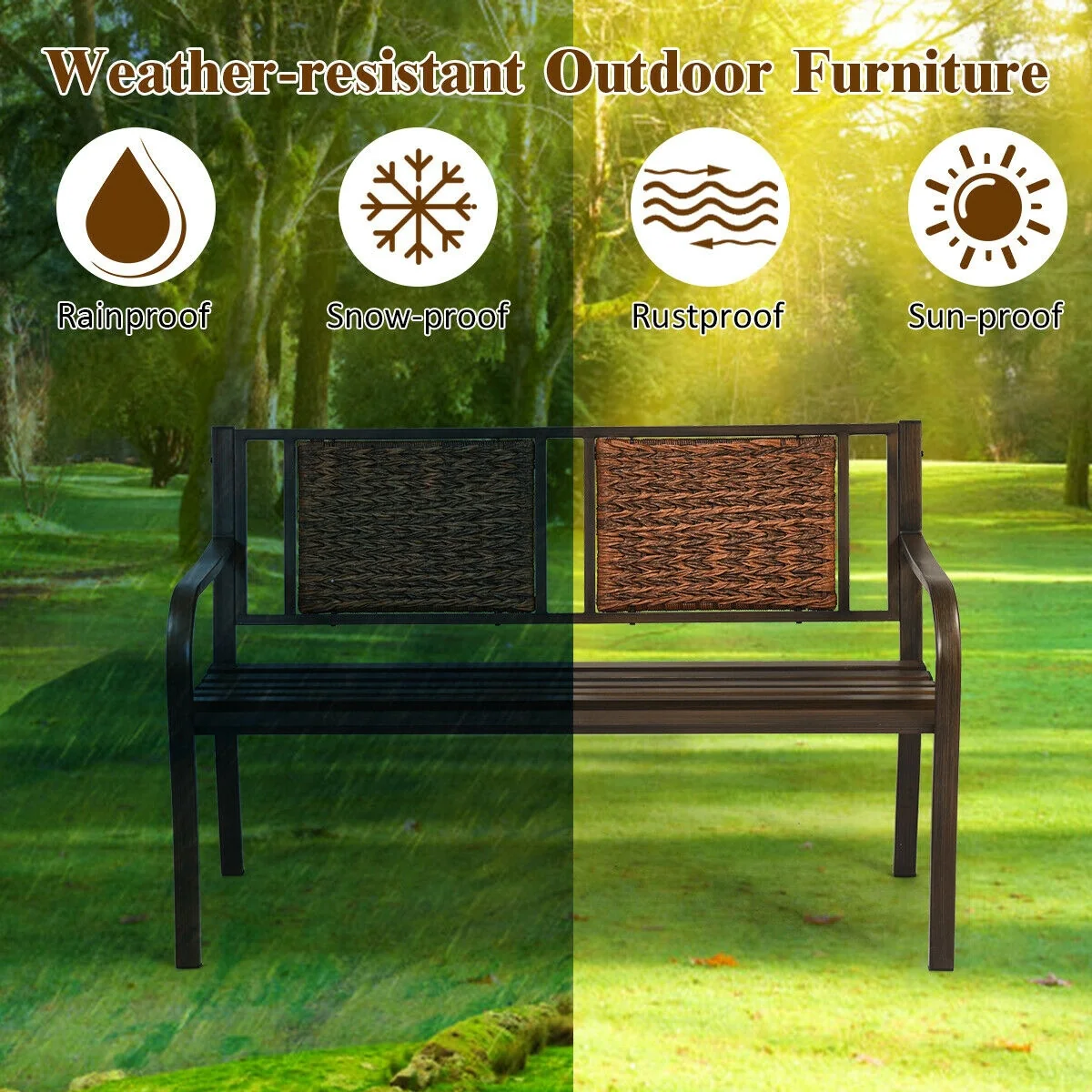 Outdoor Patio Garden Bench, Steel Frame Rattan, Bronze - Image 3