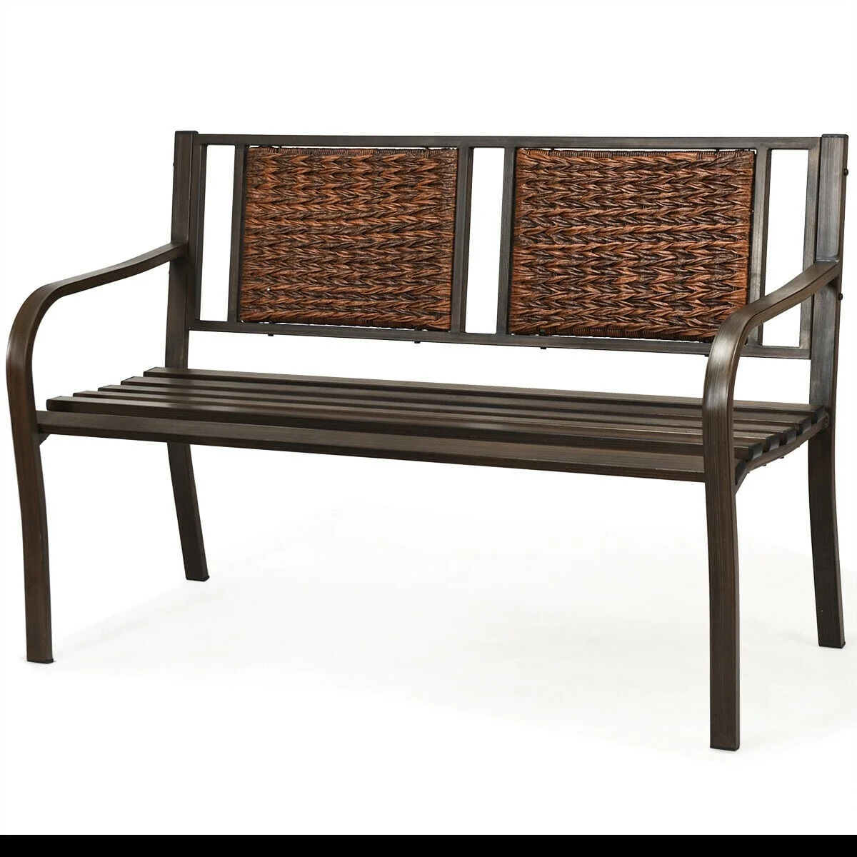 Outdoor Patio Garden Bench, Steel Frame Rattan, Bronze - Image 4