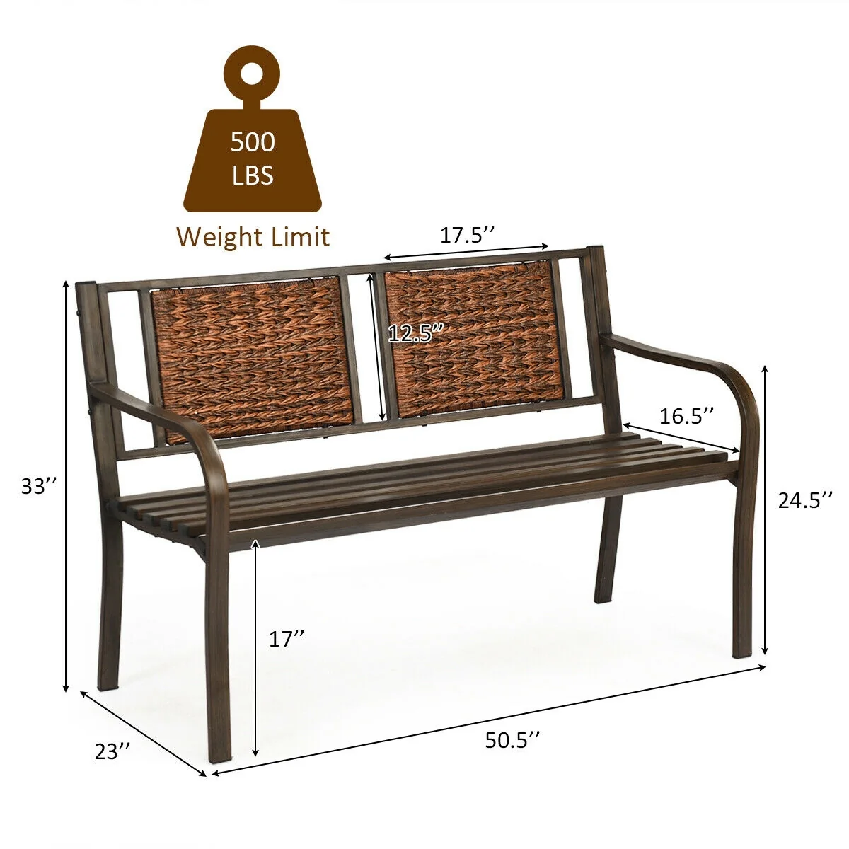 Outdoor Patio Garden Bench, Steel Frame Rattan, Bronze - Image 5