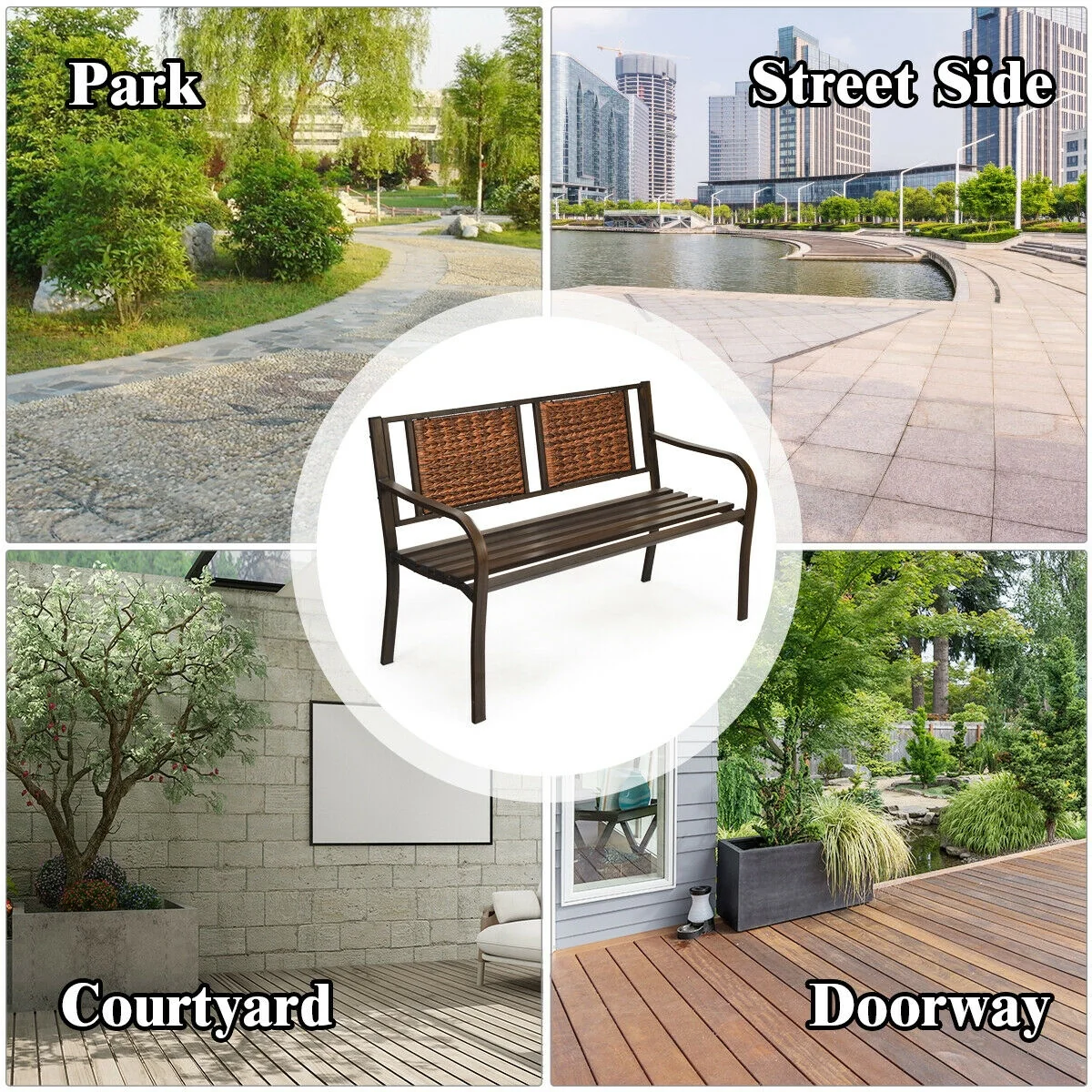 Outdoor Patio Garden Bench, Steel Frame Rattan, Bronze - Image 6