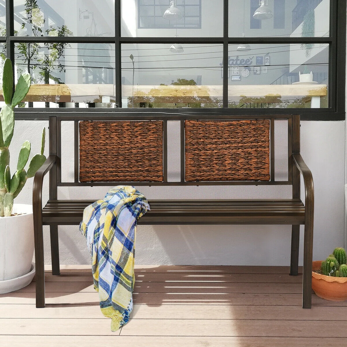 Outdoor Patio Garden Bench, Steel Frame Rattan, Bronze - Image 7
