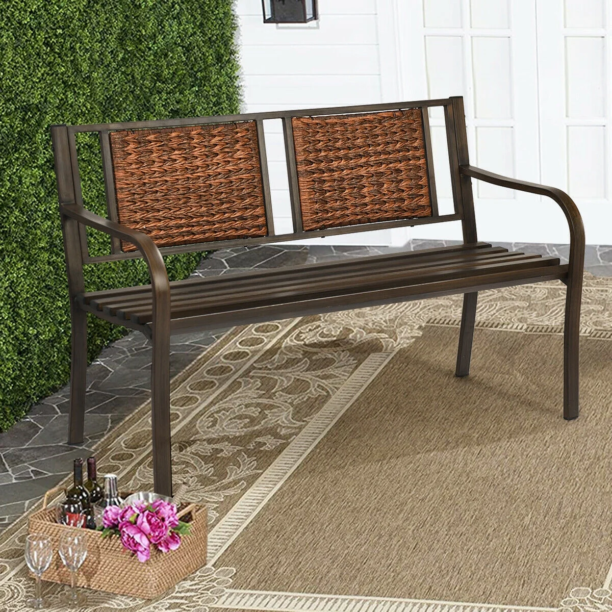 Outdoor Patio Garden Bench, Steel Frame Rattan, Bronze - Image 8