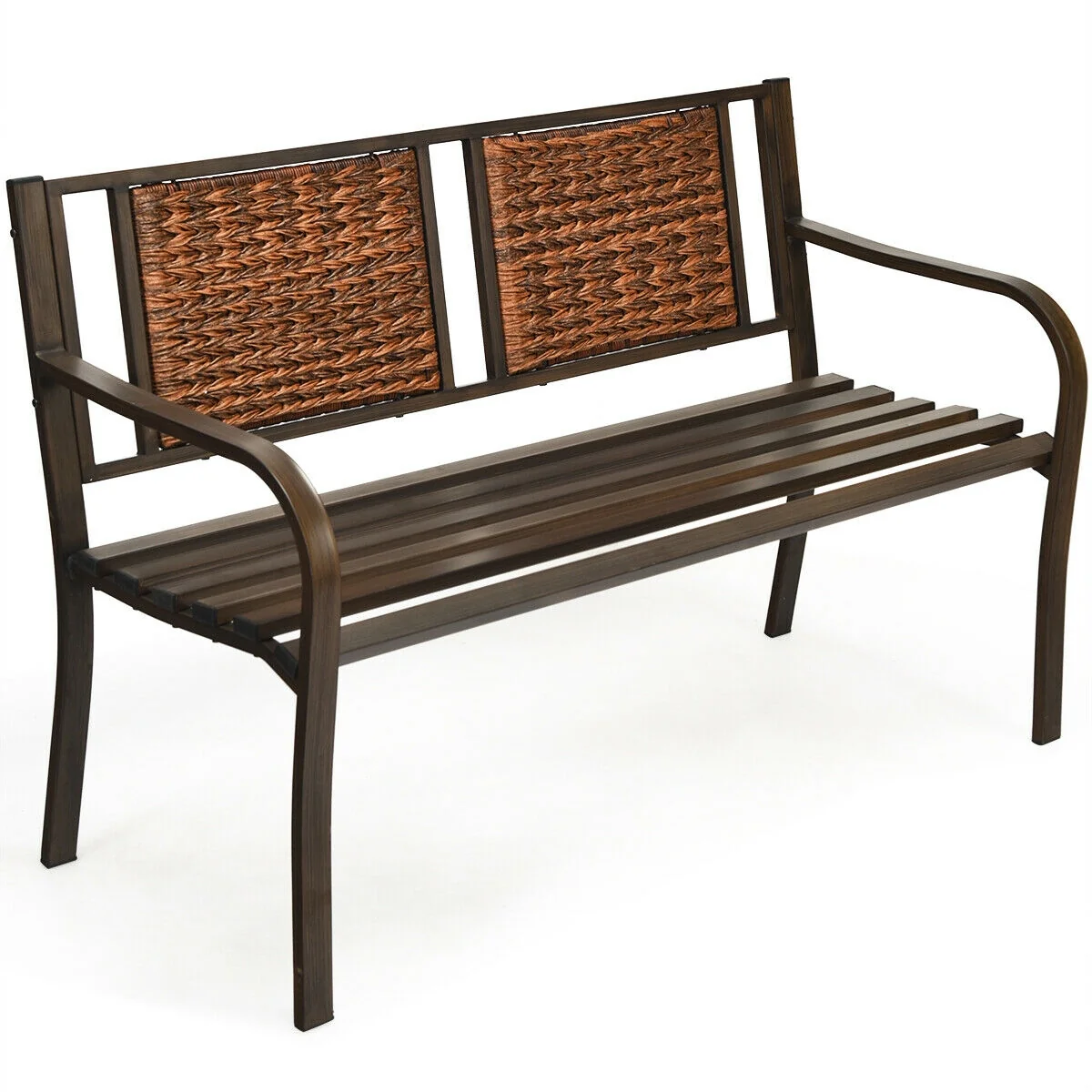 Outdoor Patio Garden Bench, Steel Frame Rattan, Bronze - Image 9