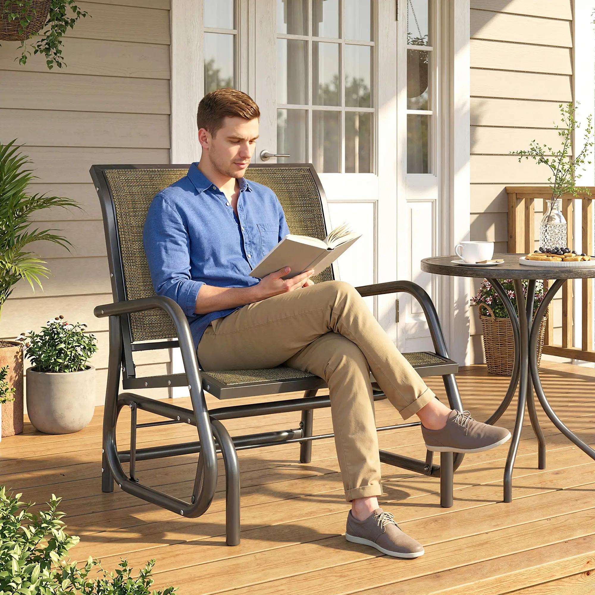 Outdoor Patio Glider Chair, Breathable Mesh Seat, Light Mixed Brown - Image 2