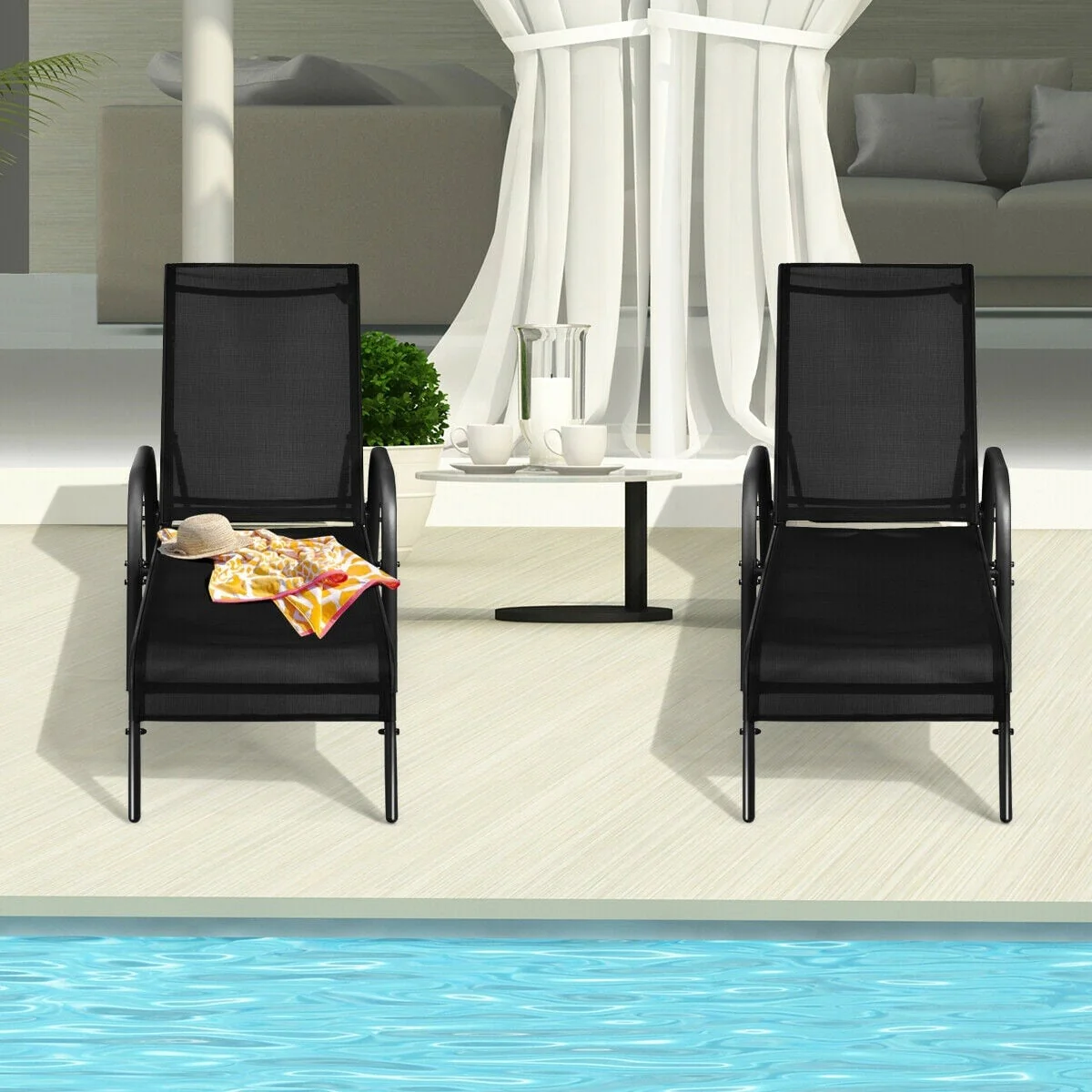 Outdoor Patio Lounge Chair, Adjustable Reclining Armrest, Black - Image 2
