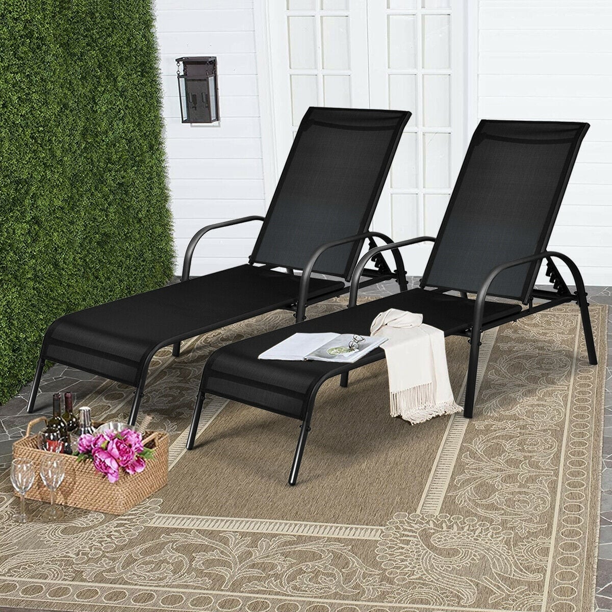 Outdoor Patio Lounge Chair, Adjustable Reclining Armrest, Black - Image 3