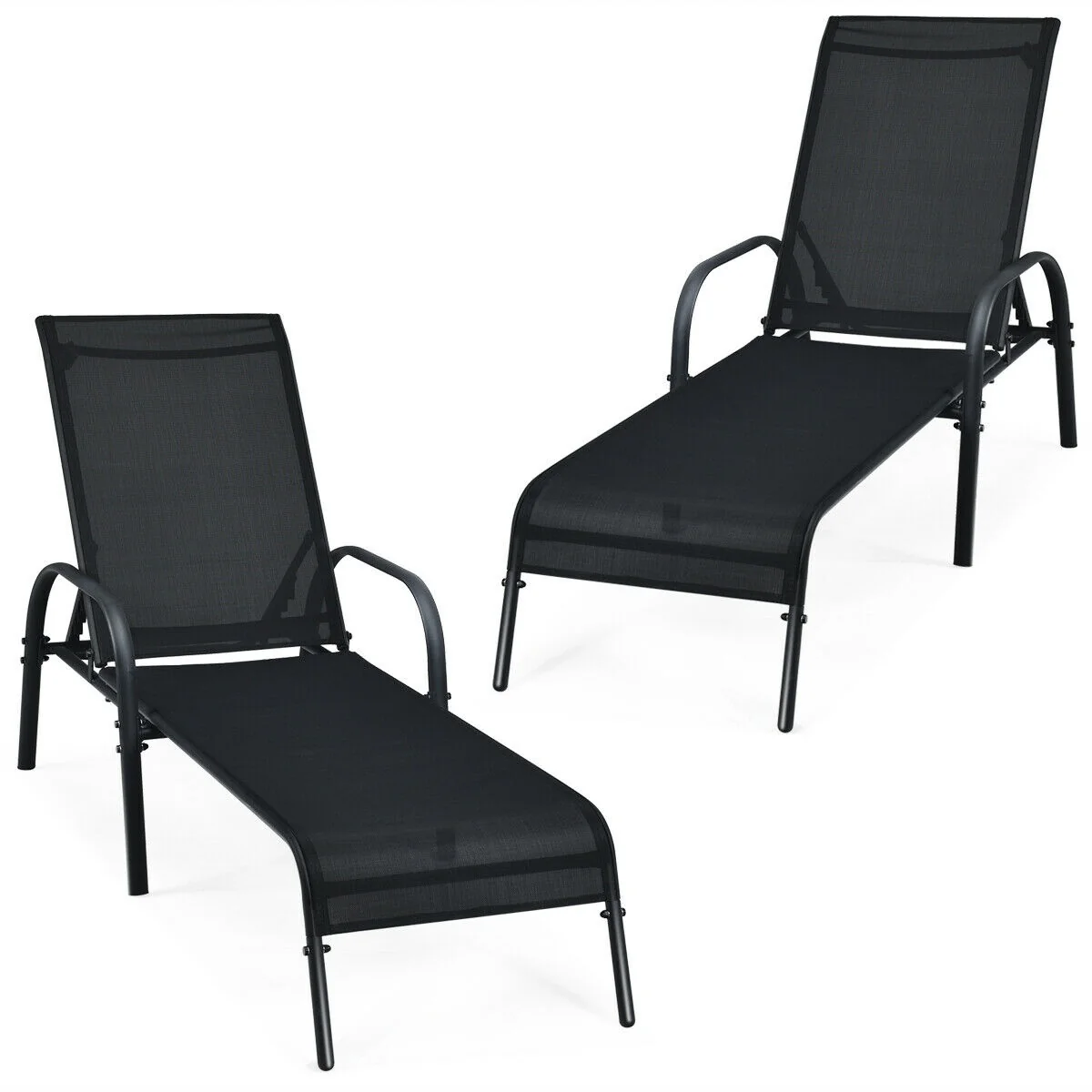 Outdoor Patio Lounge Chair, Adjustable Reclining Armrest, Black - Image 5
