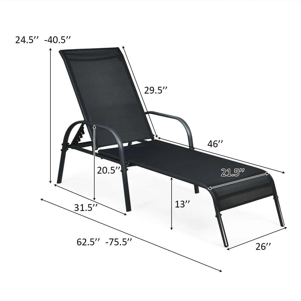 Outdoor Patio Lounge Chair, Adjustable Reclining Armrest, Black - Image 6