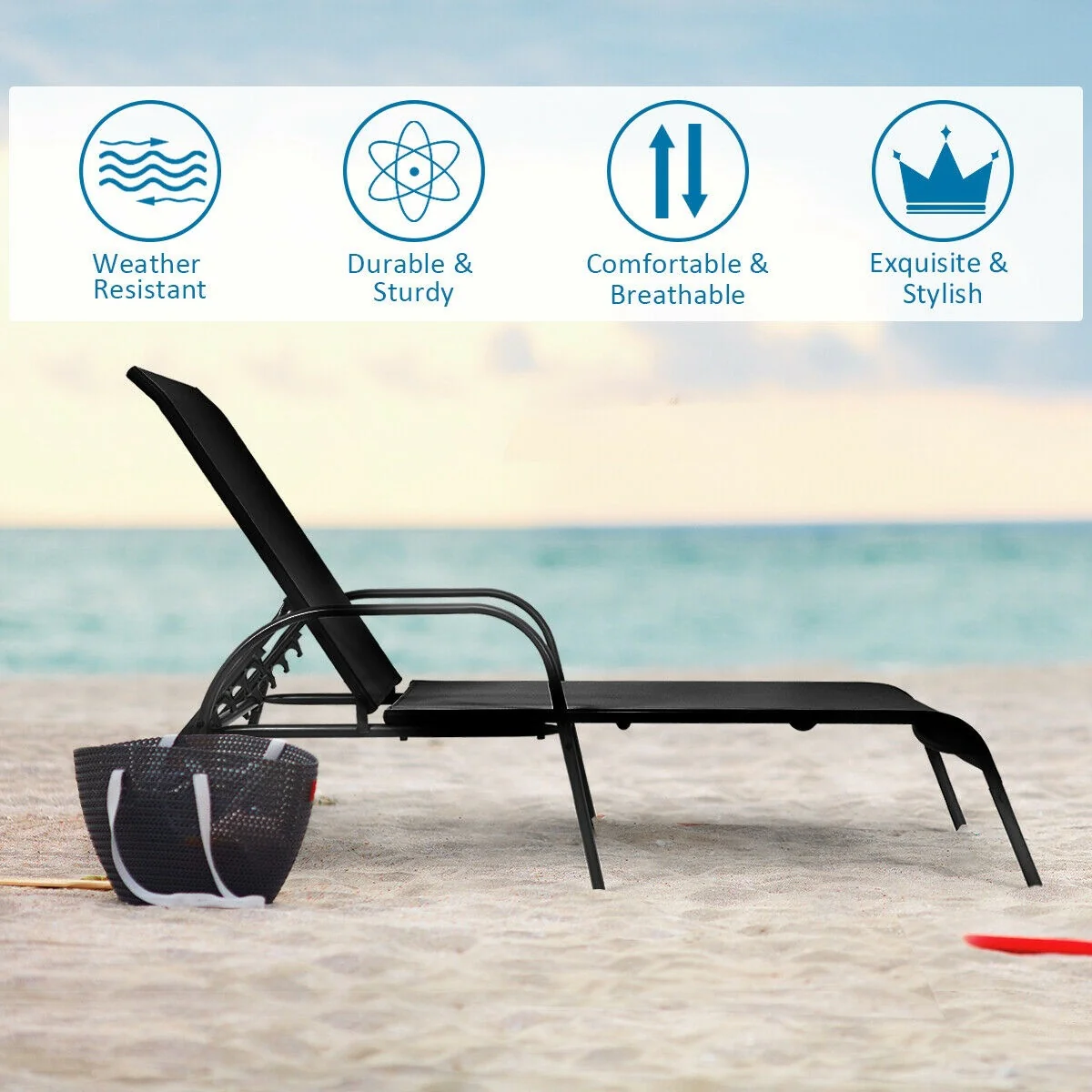Outdoor Patio Lounge Chair, Adjustable Reclining Armrest, Black - Image 7