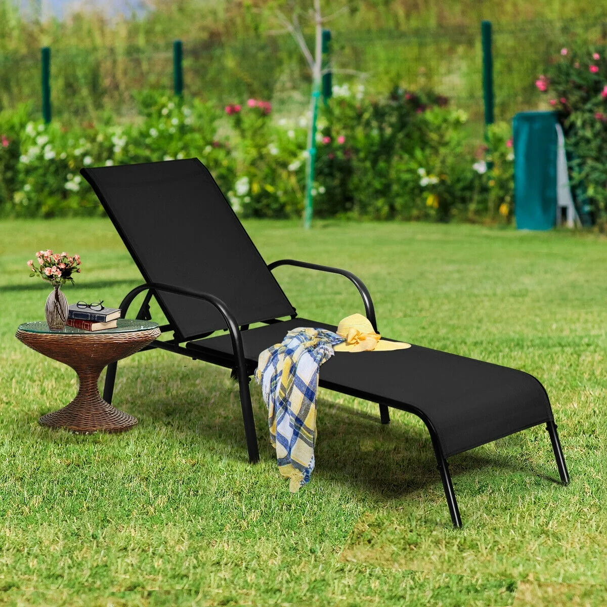 Outdoor Patio Lounge Chair, Adjustable Reclining Armrest, Black - Image 9