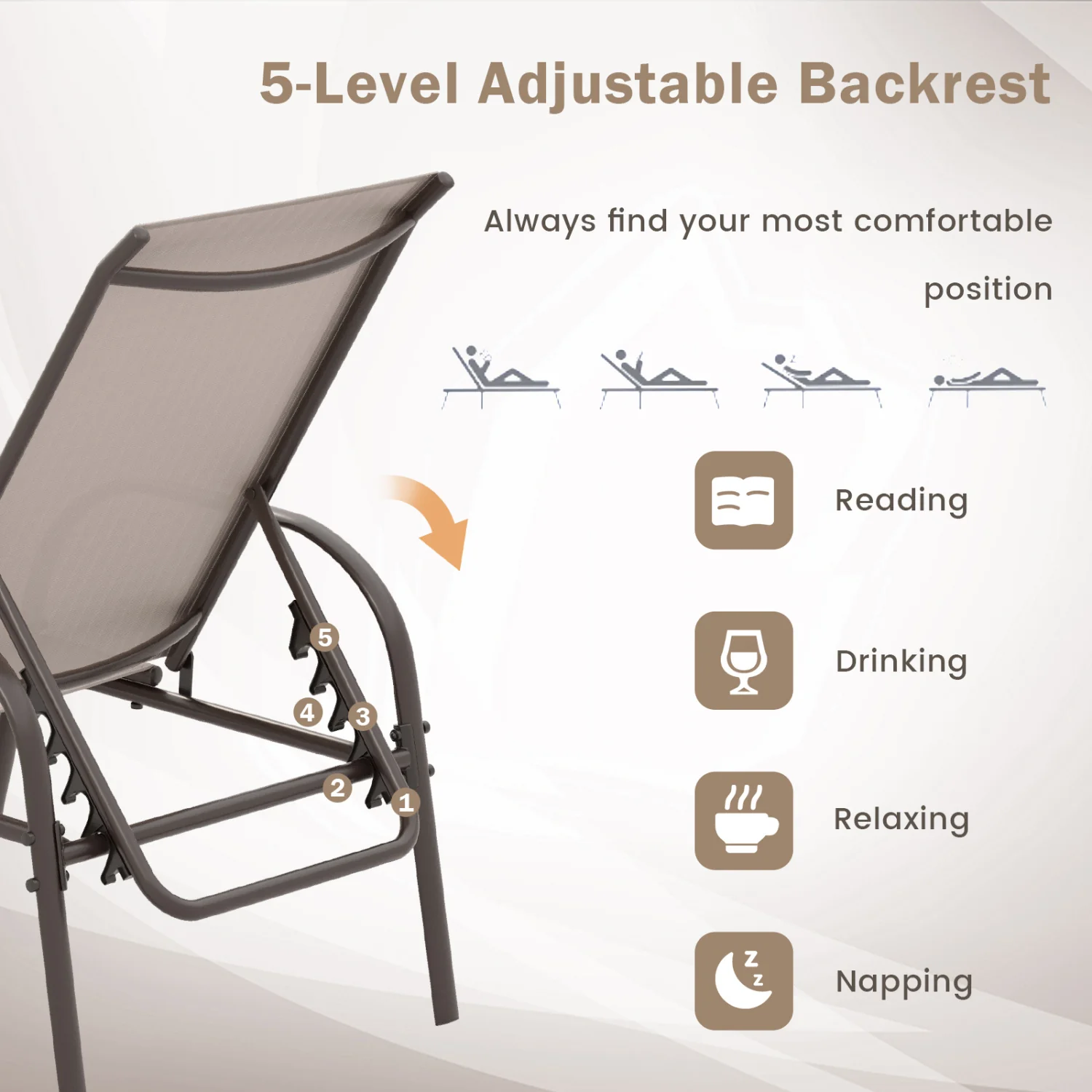 Outdoor Patio Lounge Chair, Adjustable Reclining Armrest, Brown - Image 10