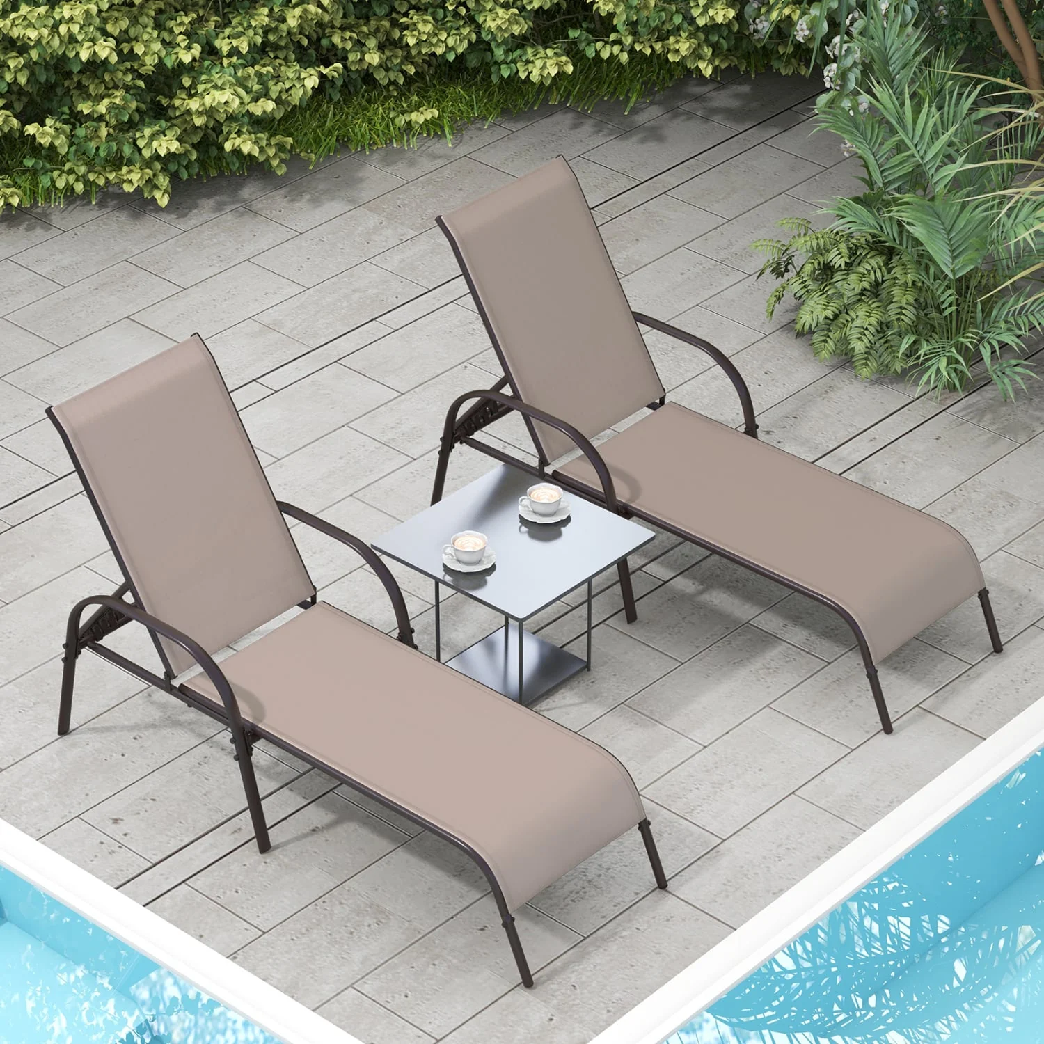 Outdoor Patio Lounge Chair, Adjustable Reclining Armrest, Brown - Image 3