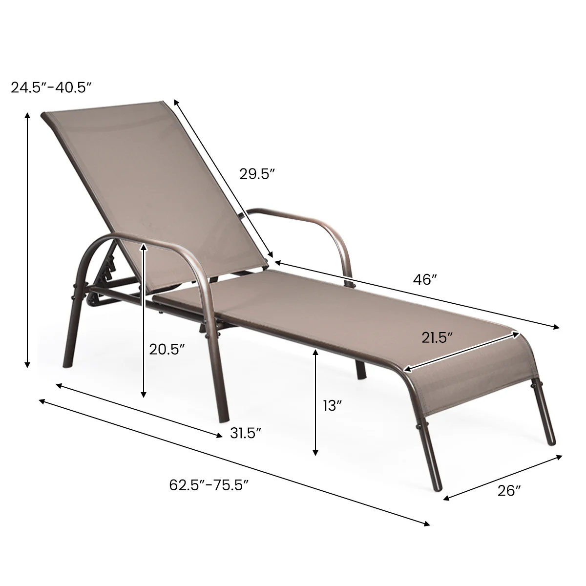 Outdoor Patio Lounge Chair, Adjustable Reclining Armrest, Brown - Image 6