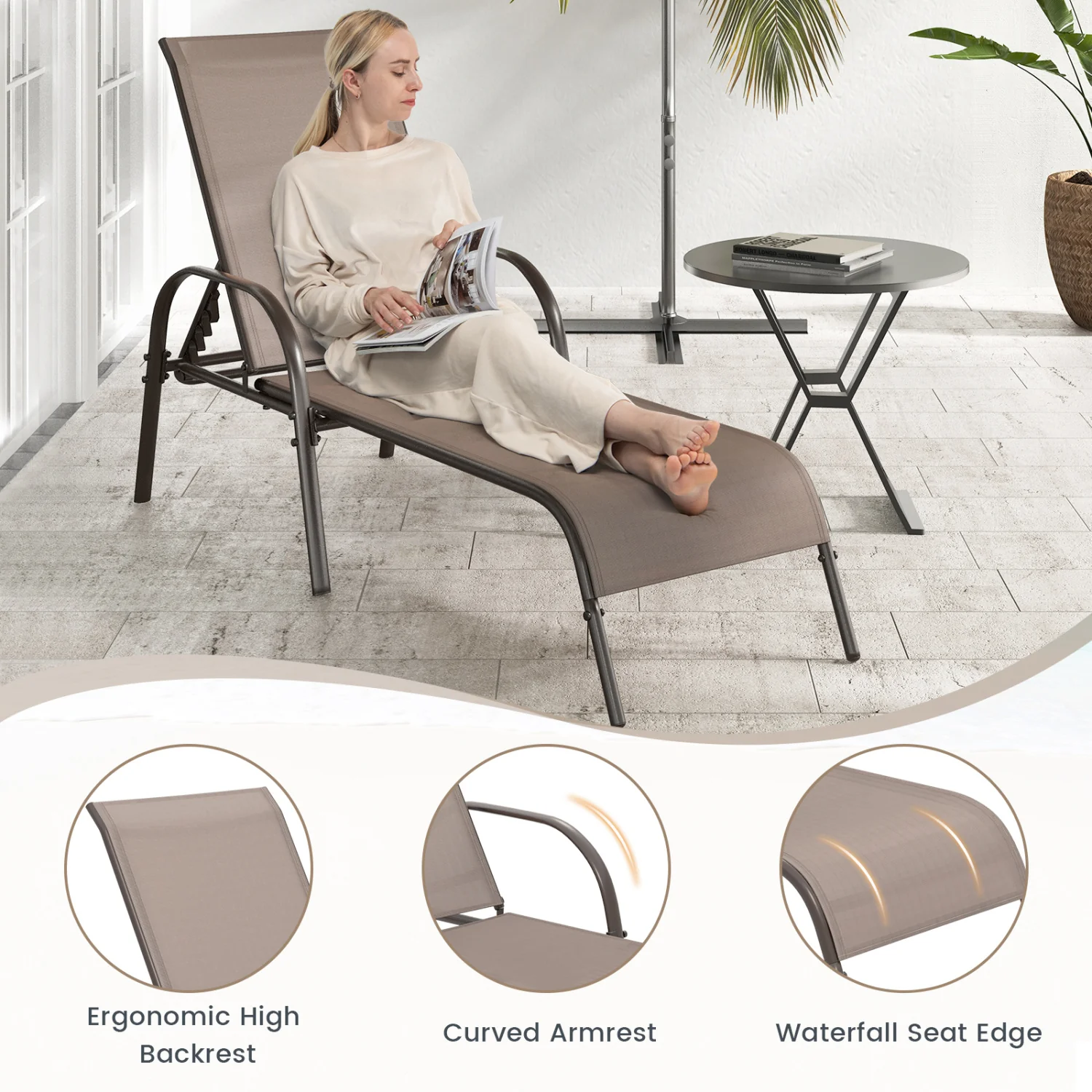 Outdoor Patio Lounge Chair, Adjustable Reclining Armrest, Brown - Image 7