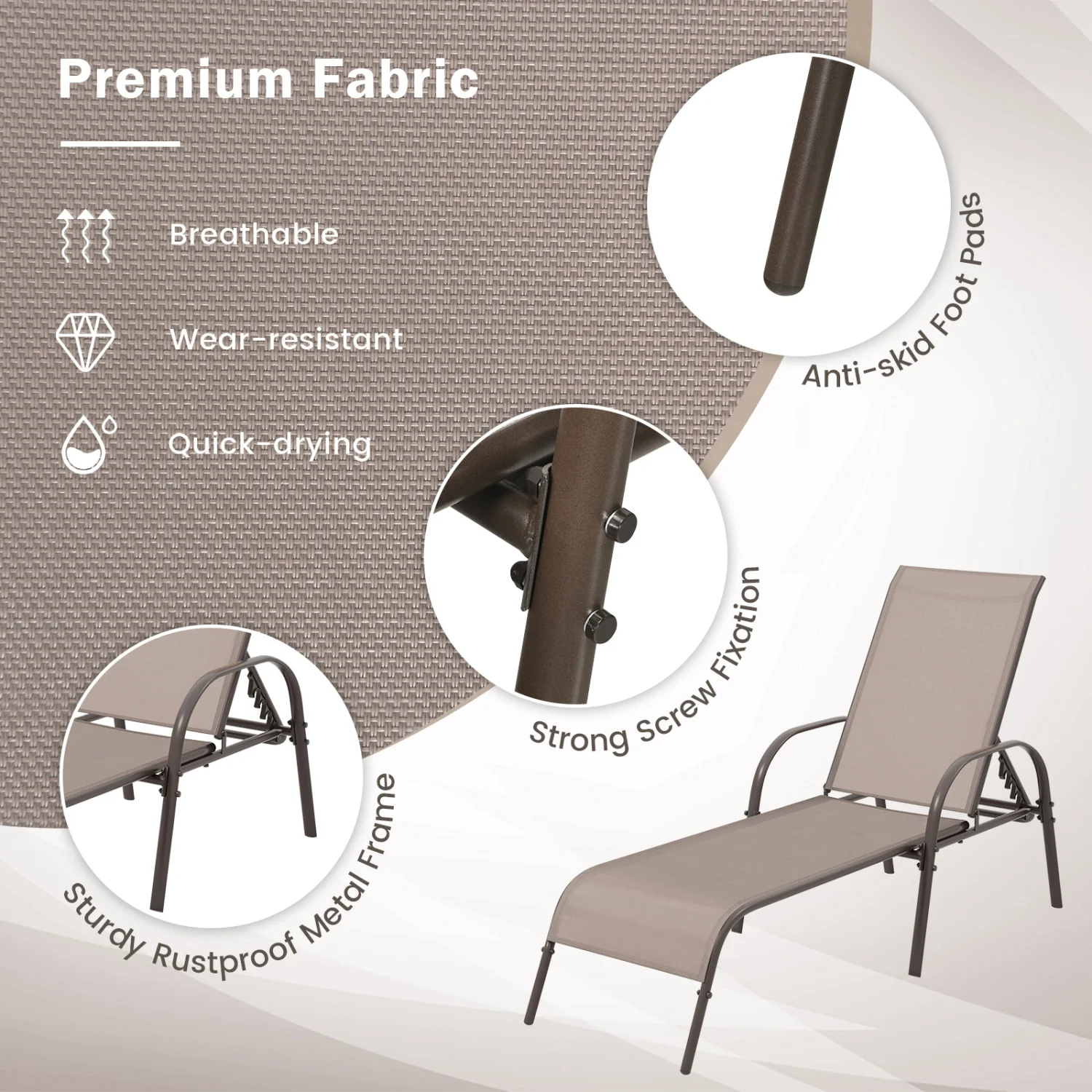 Outdoor Patio Lounge Chair, Adjustable Reclining Armrest, Brown - Image 8