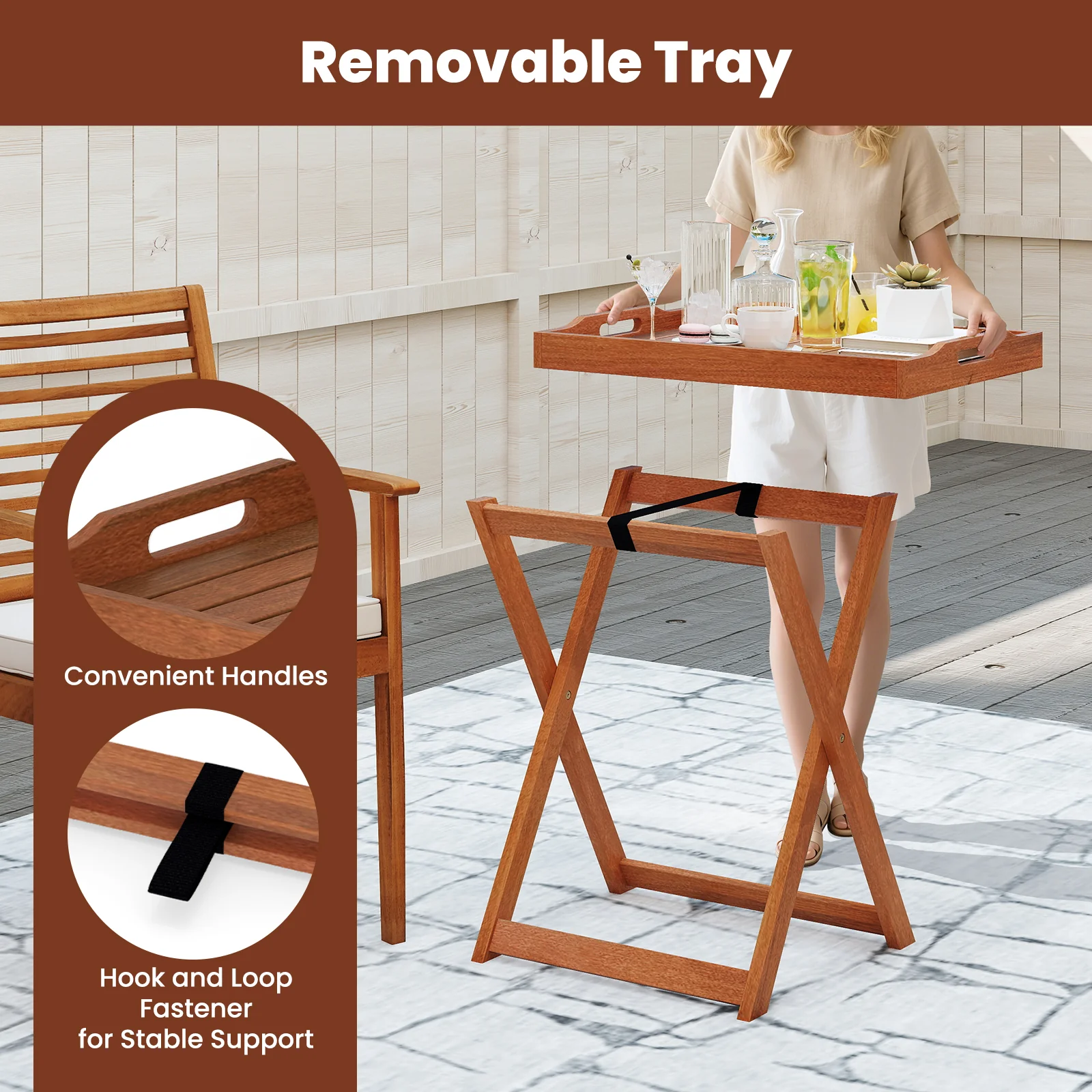 Outdoor Patio Solid Wood Tray Table, Removable Top, Natural - Image 10