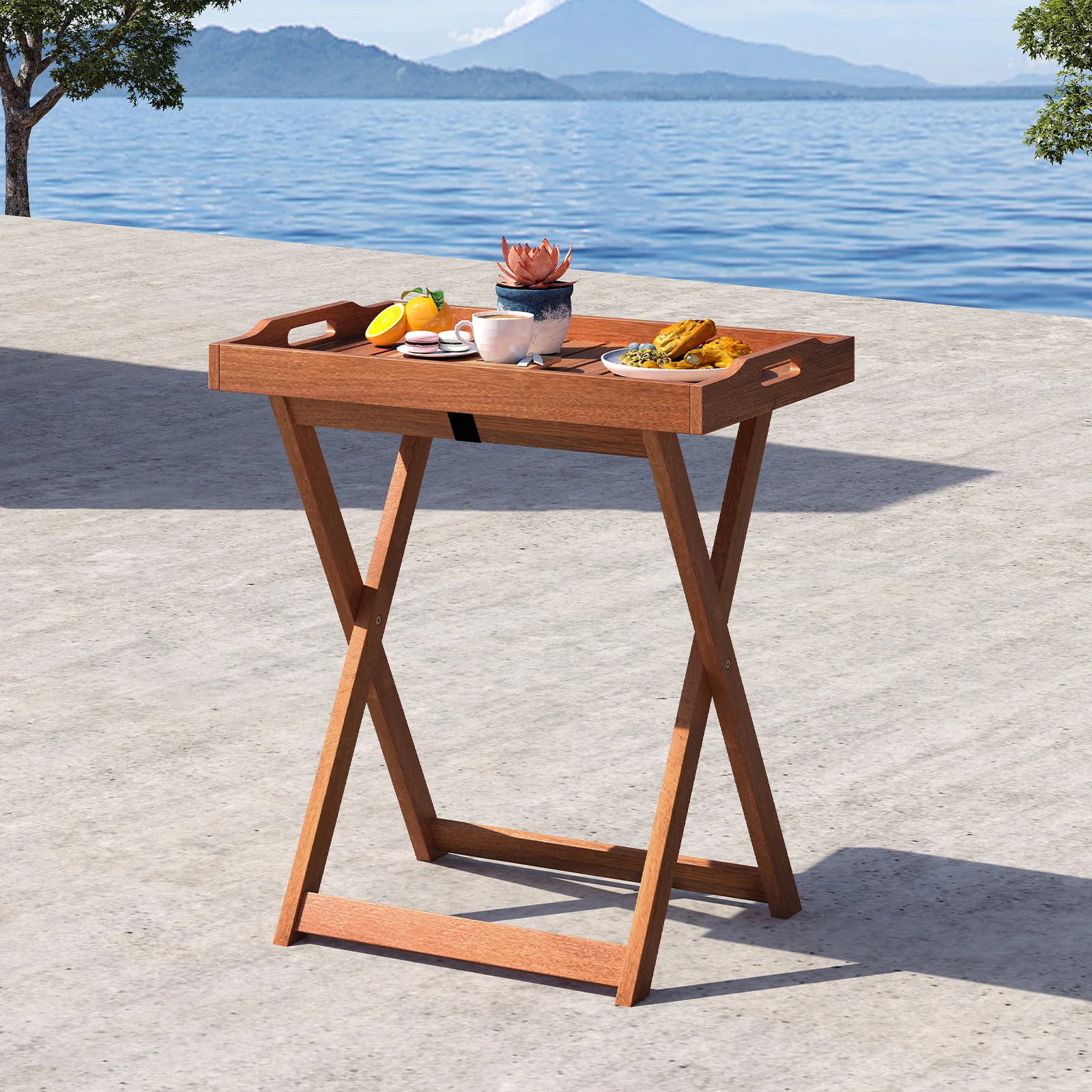 Outdoor Patio Solid Wood Tray Table, Removable Top, Natural - Image 3