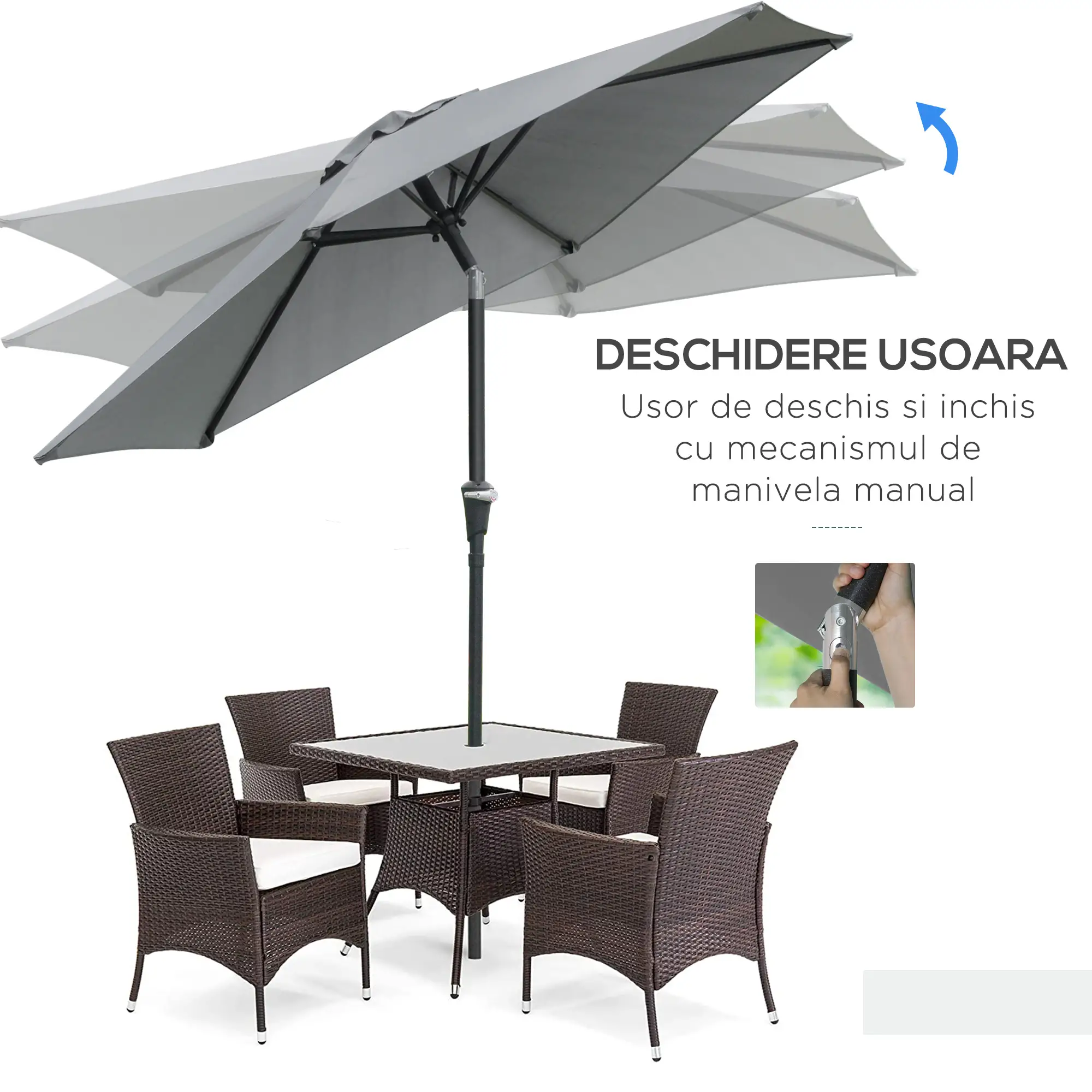 Outdoor Patio Sun Umbrella, 6 Ribs, Light Grey - Image 5