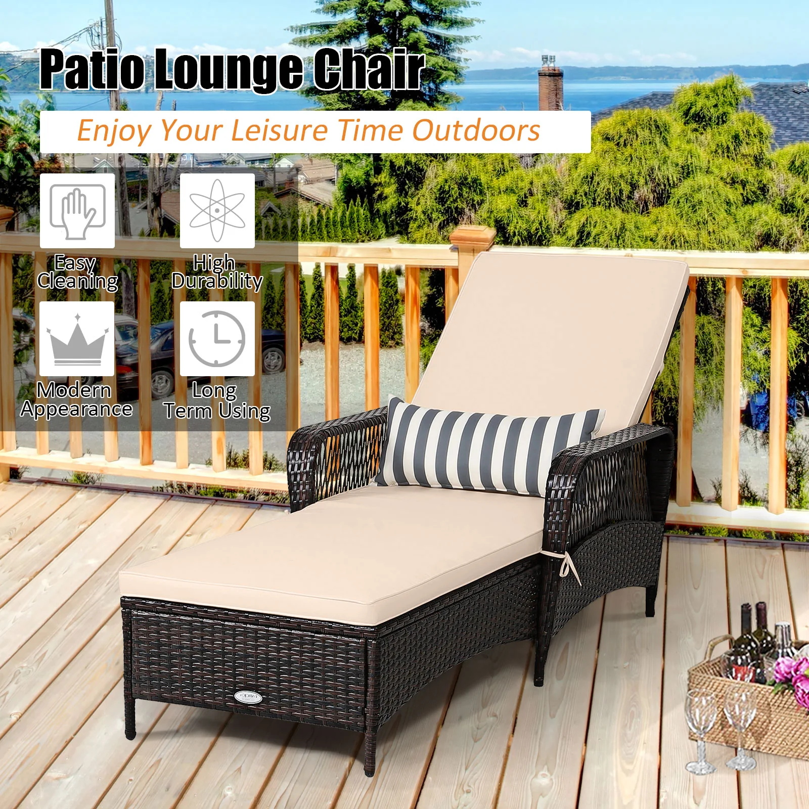 Outdoor Patio Wicker Chaise Lounge Chair with Adjustable Backrest and Pillow, Beige - Image 10