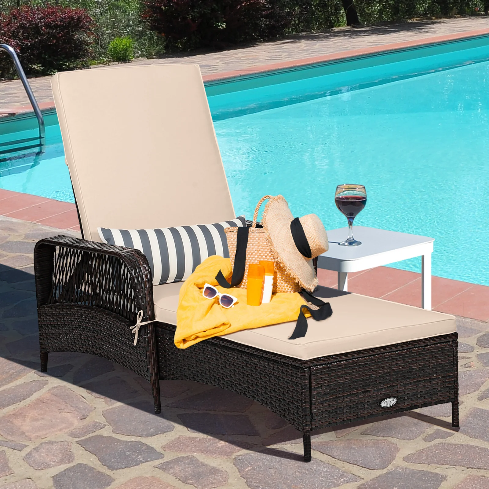 Outdoor Patio Wicker Chaise Lounge Chair with Adjustable Backrest and Pillow, Beige - Image 2