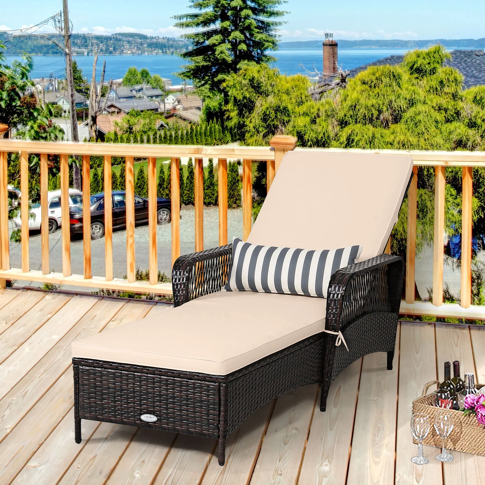 Outdoor Patio Wicker Chaise Lounge Chair with Adjustable Backrest and Pillow, Beige - Image 3