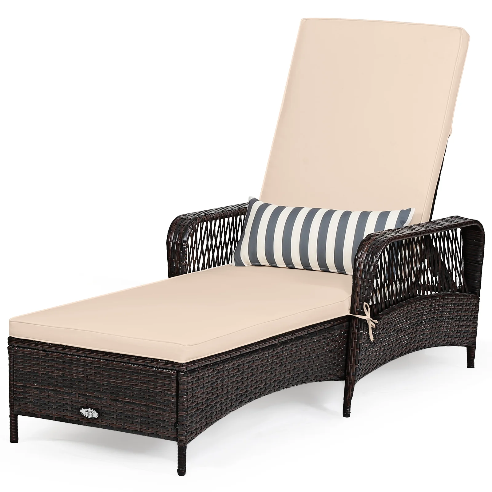 Outdoor Patio Wicker Chaise Lounge Chair with Adjustable Backrest and Pillow, Beige - Image 4