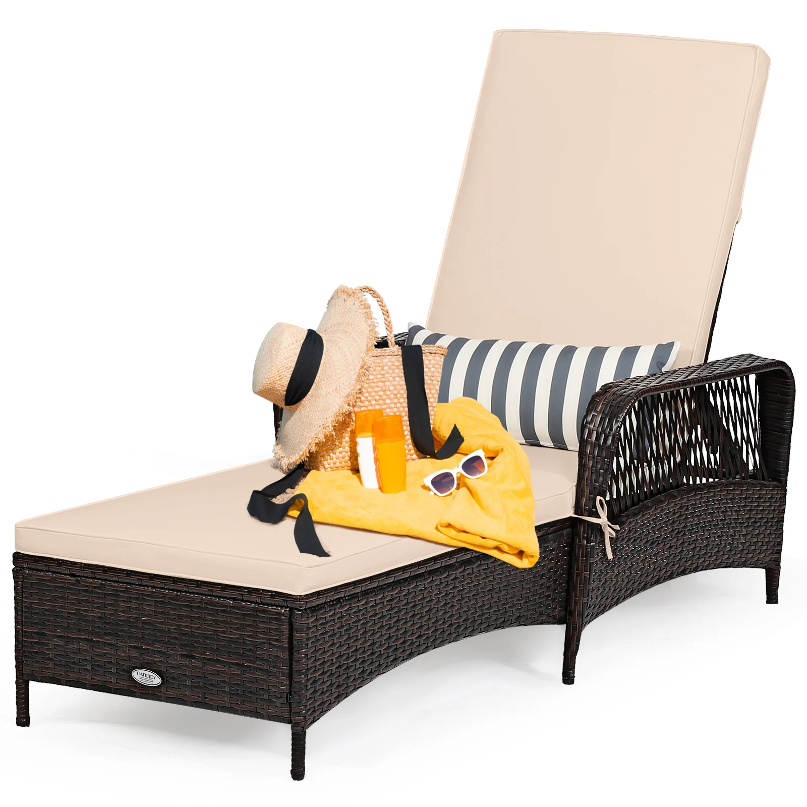 Outdoor Patio Wicker Chaise Lounge Chair with Adjustable Backrest and Pillow, Beige - Image 5