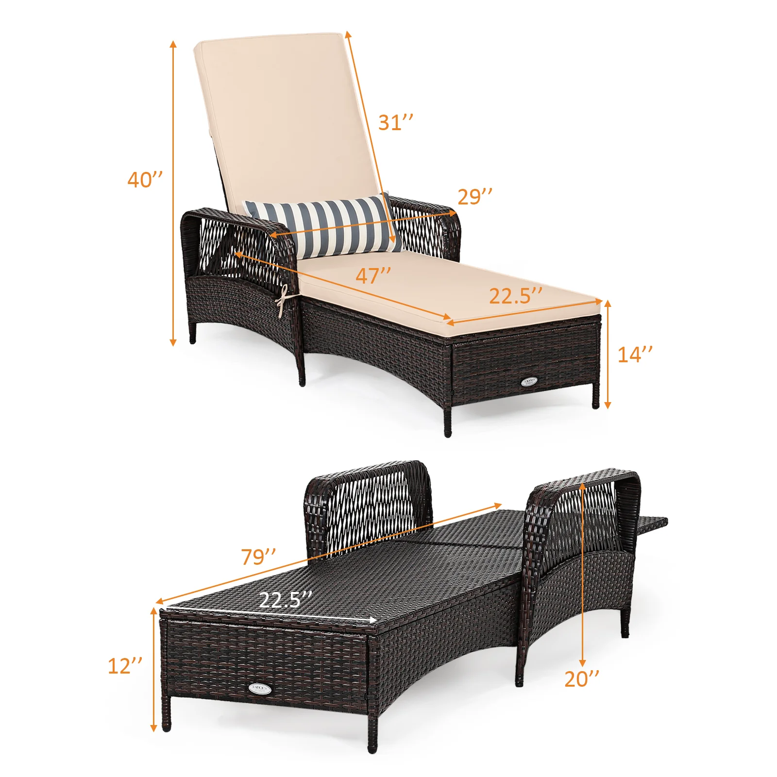 Outdoor Patio Wicker Chaise Lounge Chair with Adjustable Backrest and Pillow, Beige - Image 6