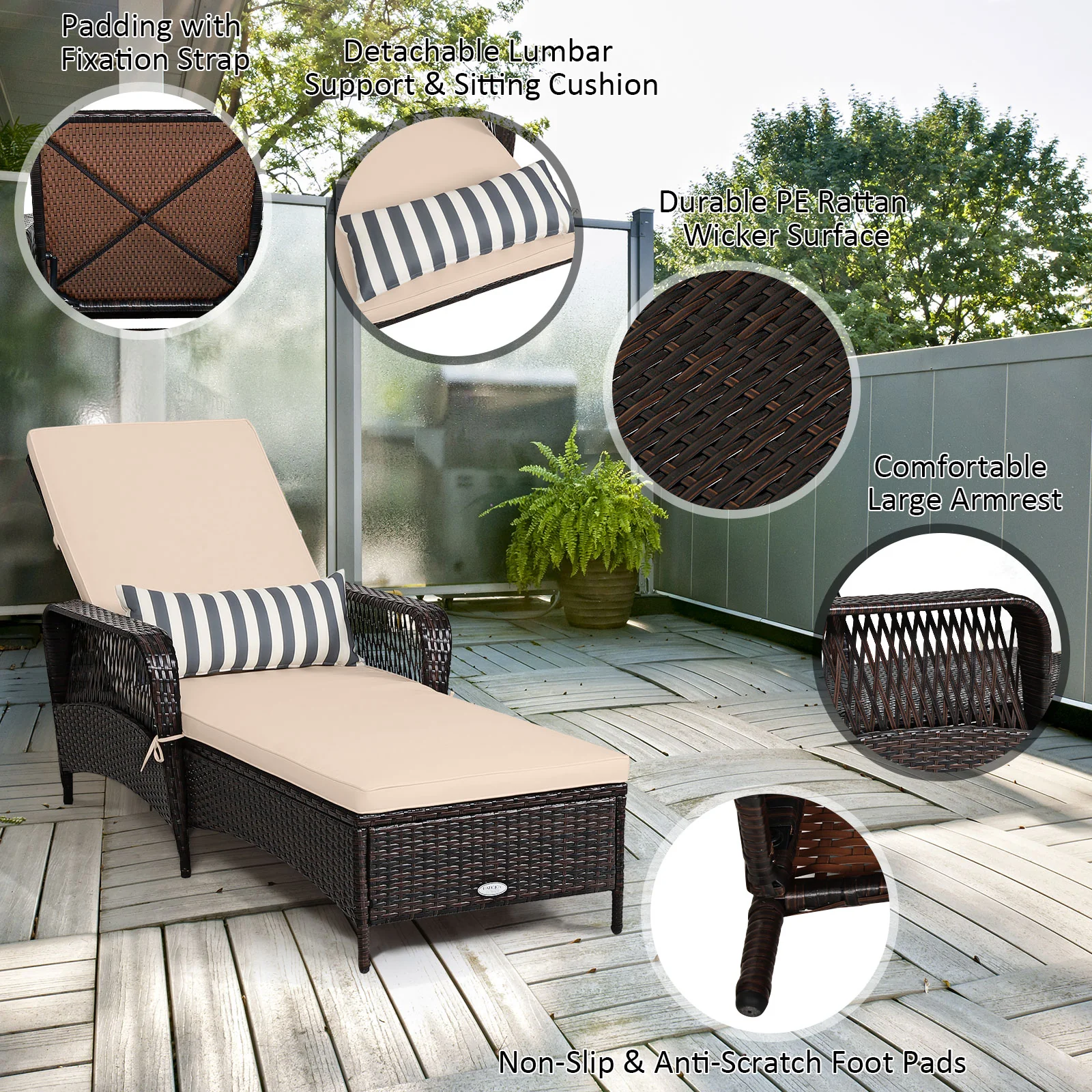 Outdoor Patio Wicker Chaise Lounge Chair with Adjustable Backrest and Pillow, Beige - Image 7