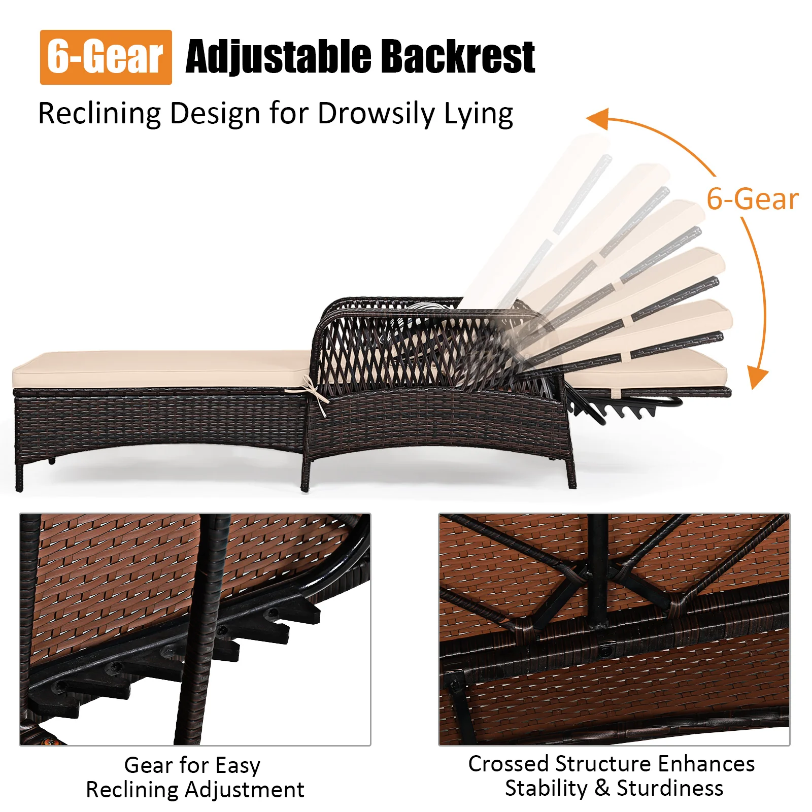 Outdoor Patio Wicker Chaise Lounge Chair with Adjustable Backrest and Pillow, Beige - Image 8