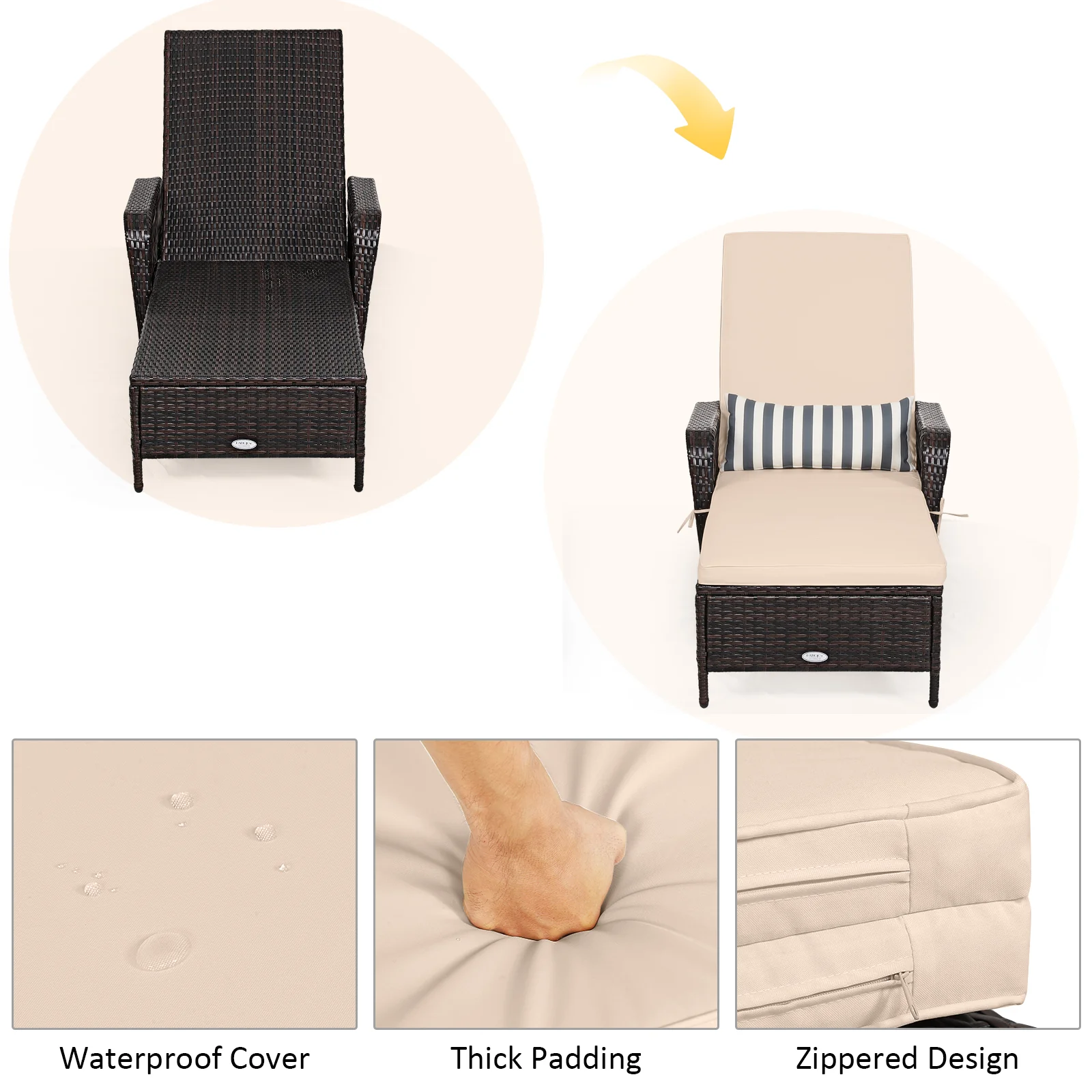 Outdoor Patio Wicker Chaise Lounge Chair with Adjustable Backrest and Pillow, Beige - Image 9
