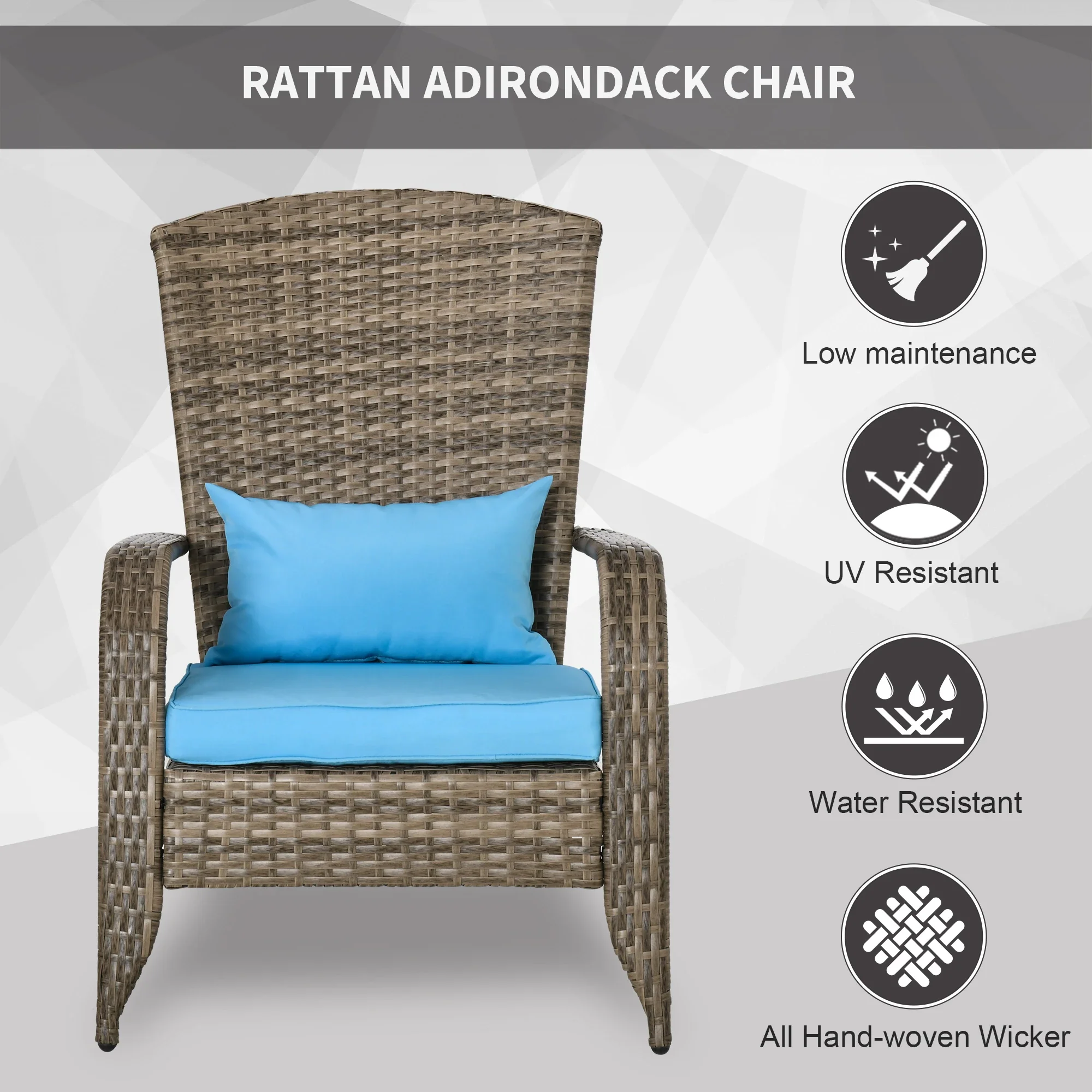 Outdoor PE Rattan Adirondack Chair, w/ Cushions, Blue - Image 4