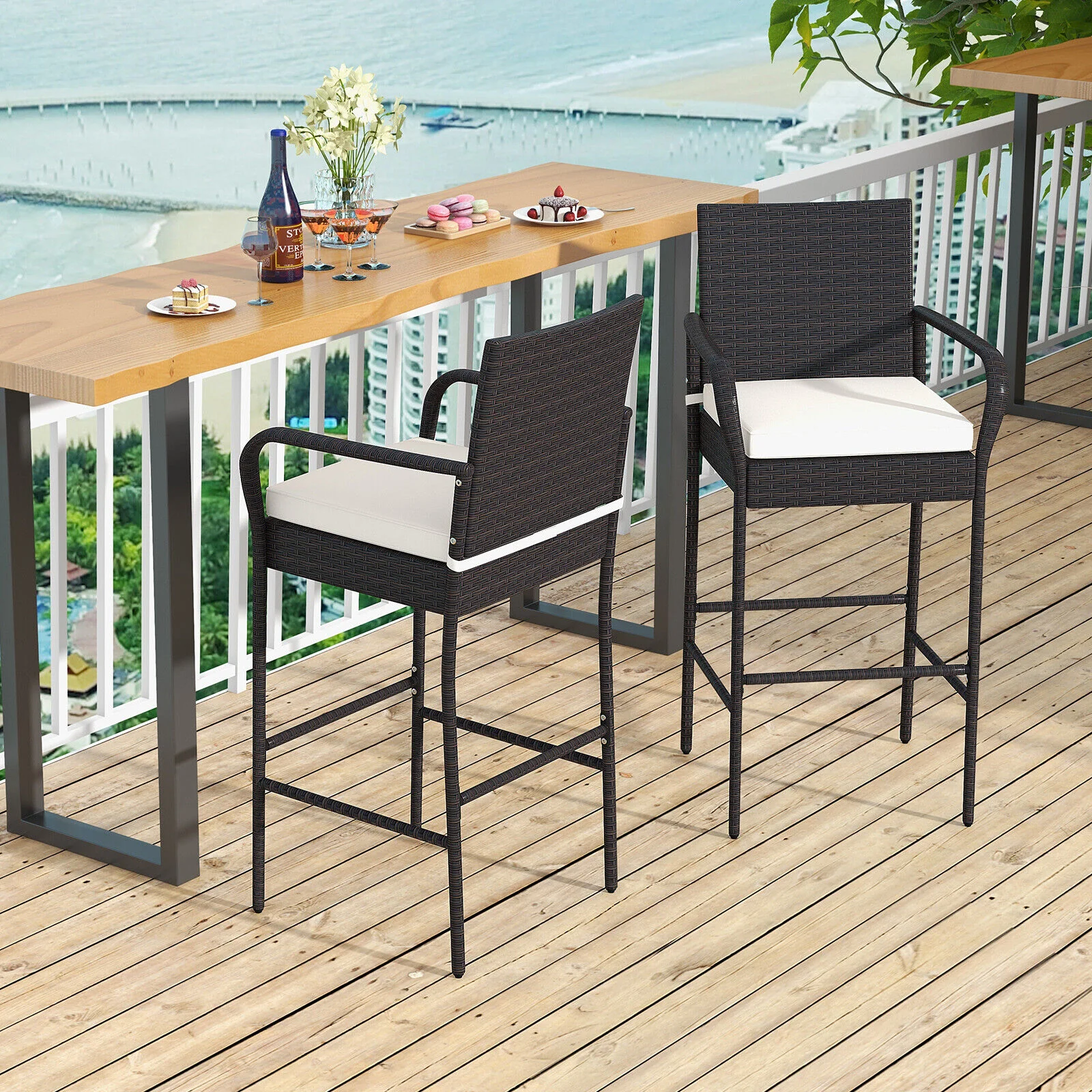 Outdoor PE Rattan Cushioned Barstool Set, 2 Pieces, Off White - Image 2