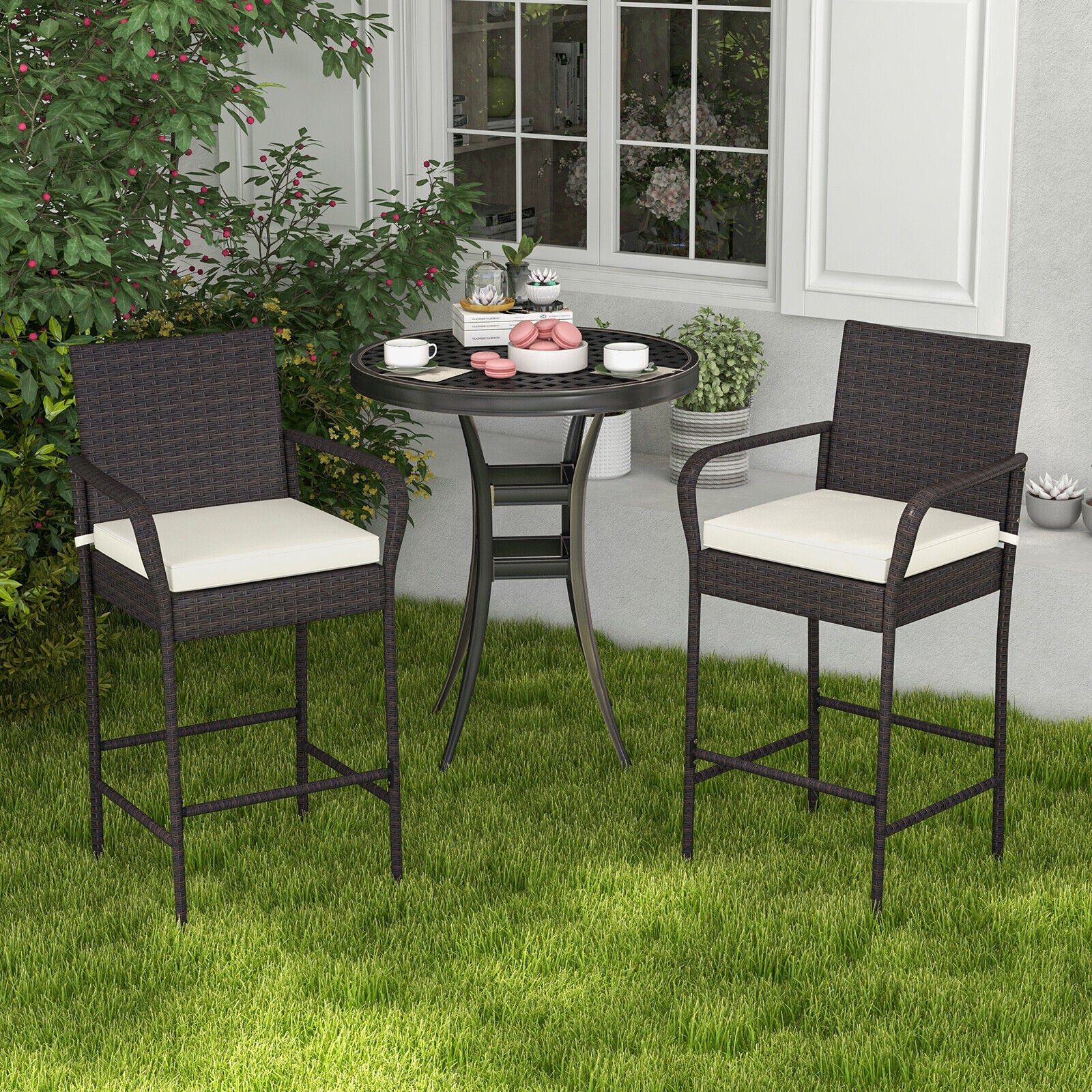 Outdoor PE Rattan Cushioned Barstool Set, 2 Pieces, Off White - Image 3