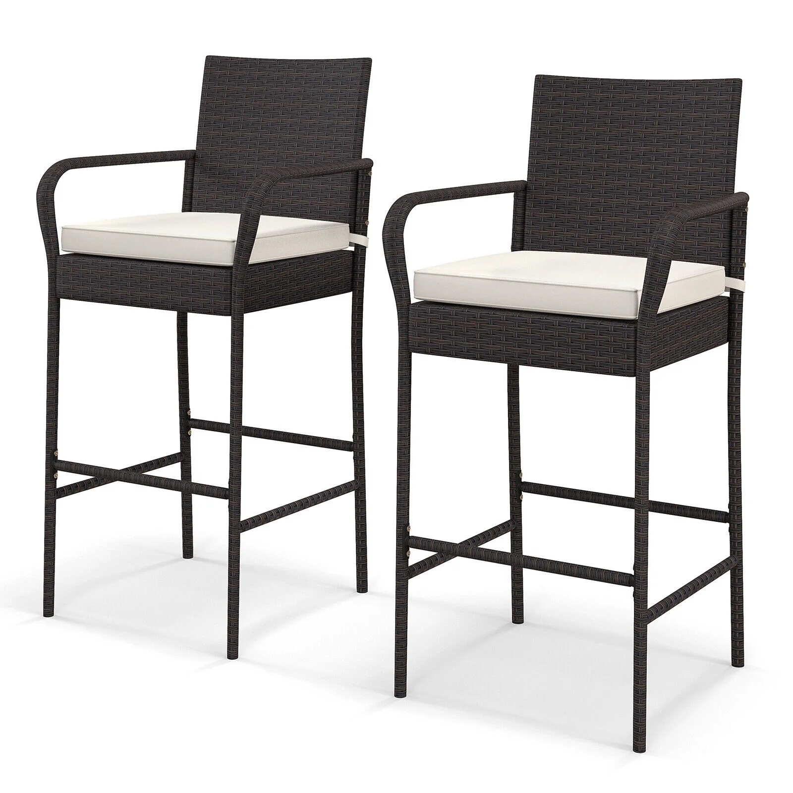 Outdoor PE Rattan Cushioned Barstool Set, 2 Pieces, Off White - Image 4