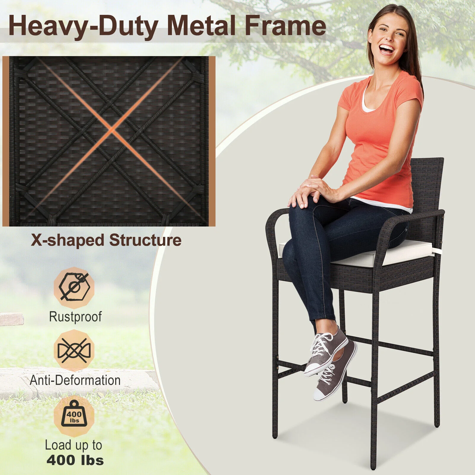 Outdoor PE Rattan Cushioned Barstool Set, 2 Pieces, Off White - Image 8