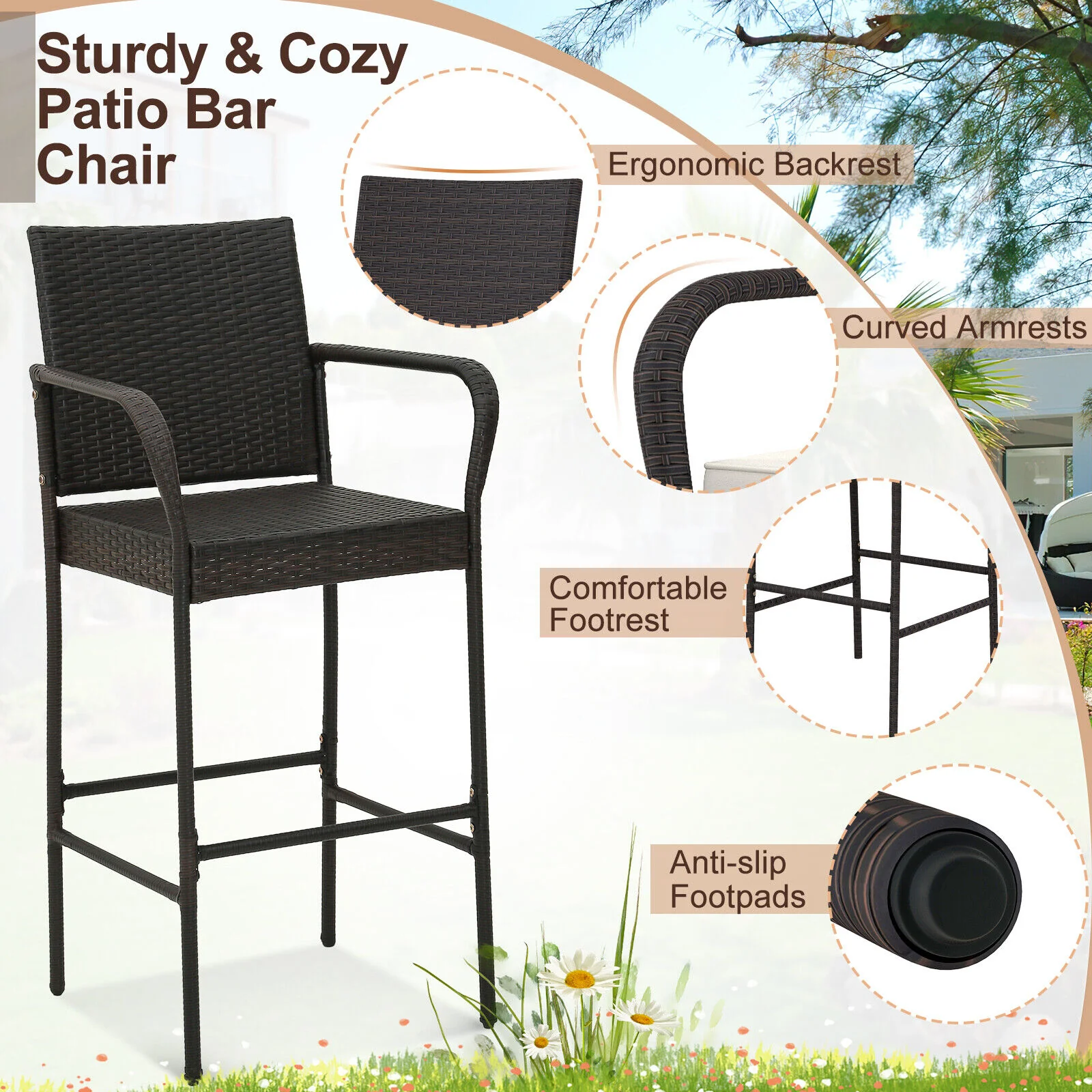 Outdoor PE Rattan Cushioned Barstool Set, 2 Pieces, Off White - Image 9