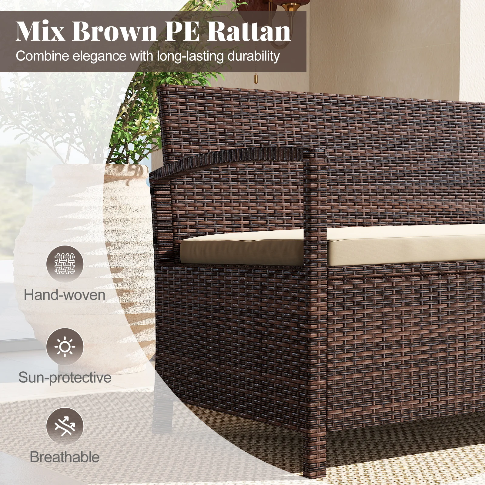 Outdoor PE Wicker Storage Bench 2 Seater with Cushion and 42 Gallon Deck Box, Beige - Image 10