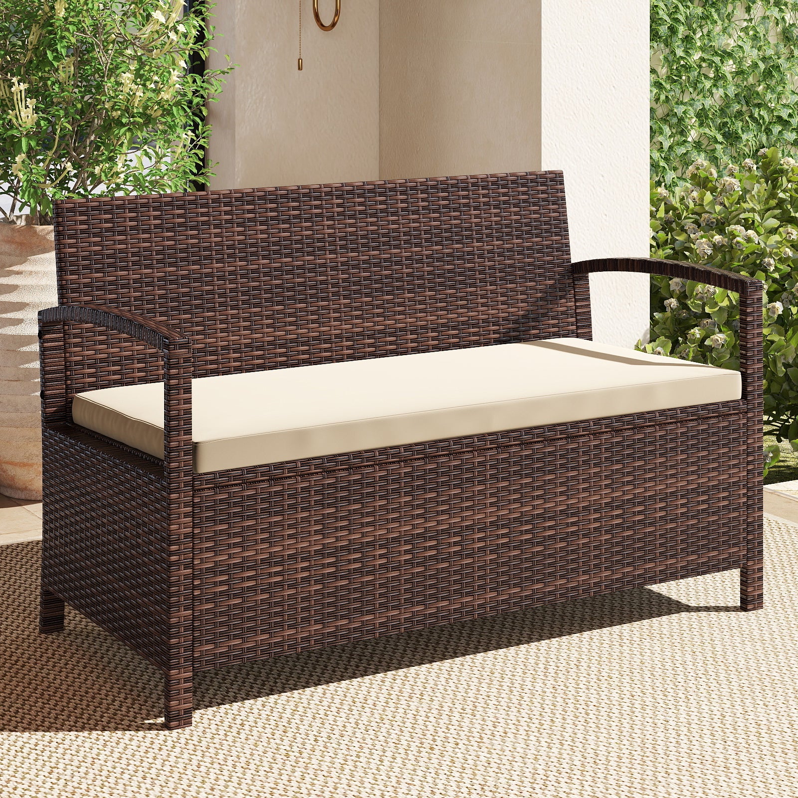 Outdoor PE Wicker Storage Bench 2 Seater with Cushion and 42 Gallon Deck Box, Beige - Image 2