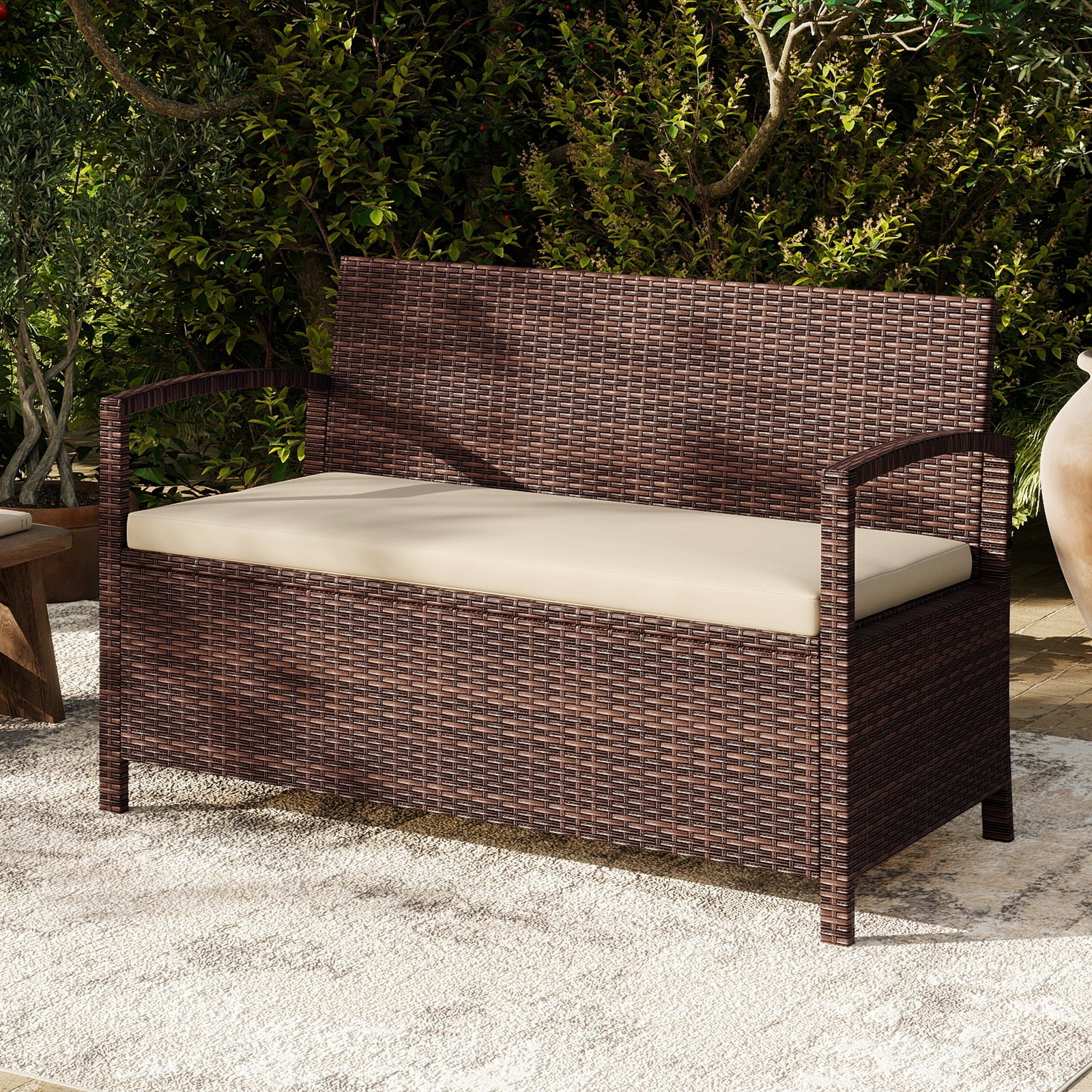Outdoor PE Wicker Storage Bench 2 Seater with Cushion and 42 Gallon Deck Box, Beige - Image 3